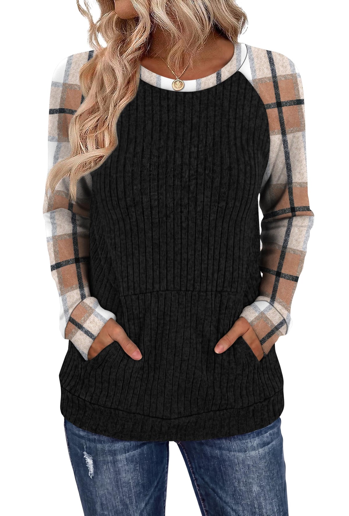 OFEEFAN Womens Fall Fashion 2026 Long Sleeve Tops Oversized Sweaters Winter Clothing with Pocket Color Block Tunics