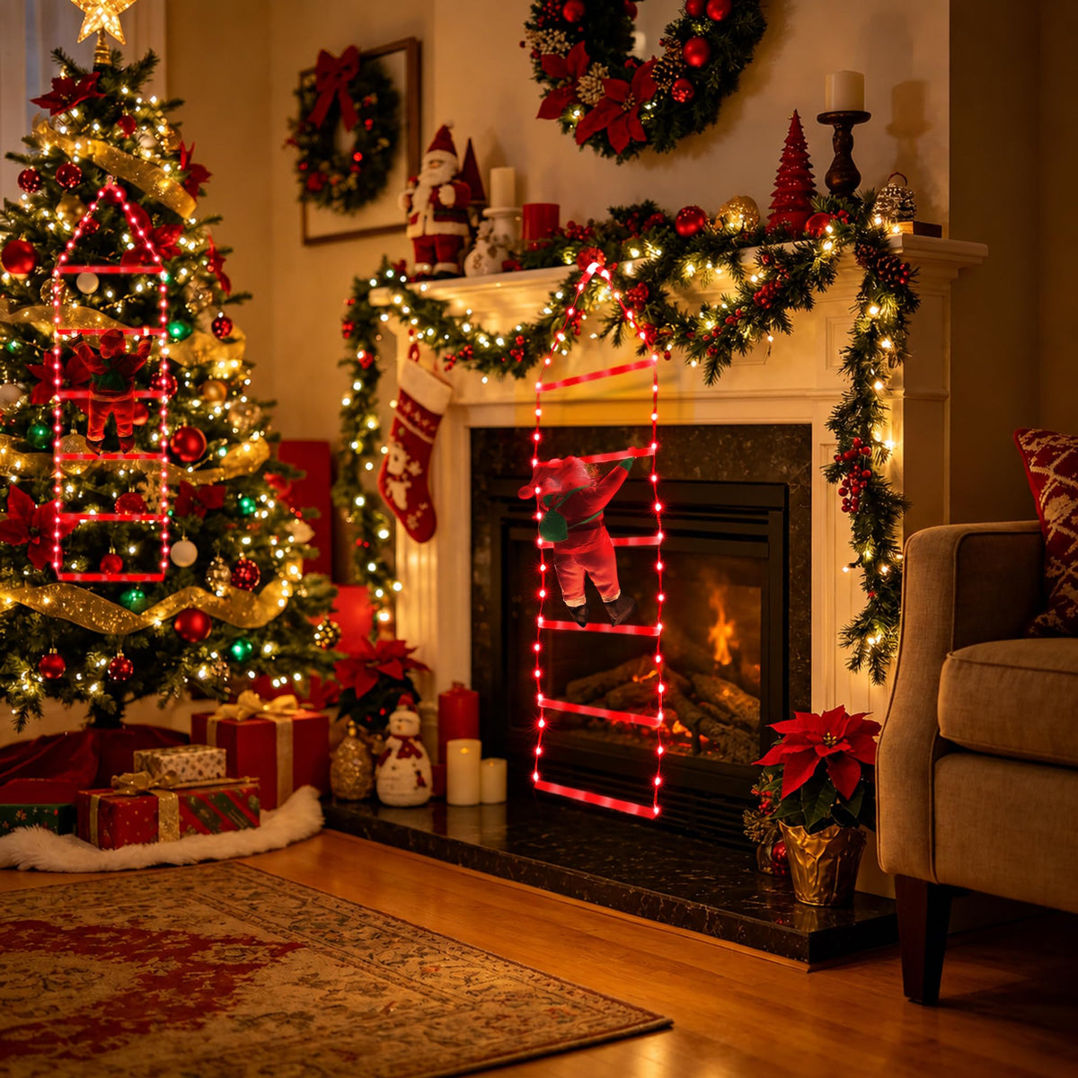 Toodour LED Christmas Lights - 10ft Christmas Decorative Ladder Lights with Santa Claus, Xmas Decorations Light for Indoor Outdoor, Window, Garden, Home, Wall, Xmas Tree Decor - Warm White