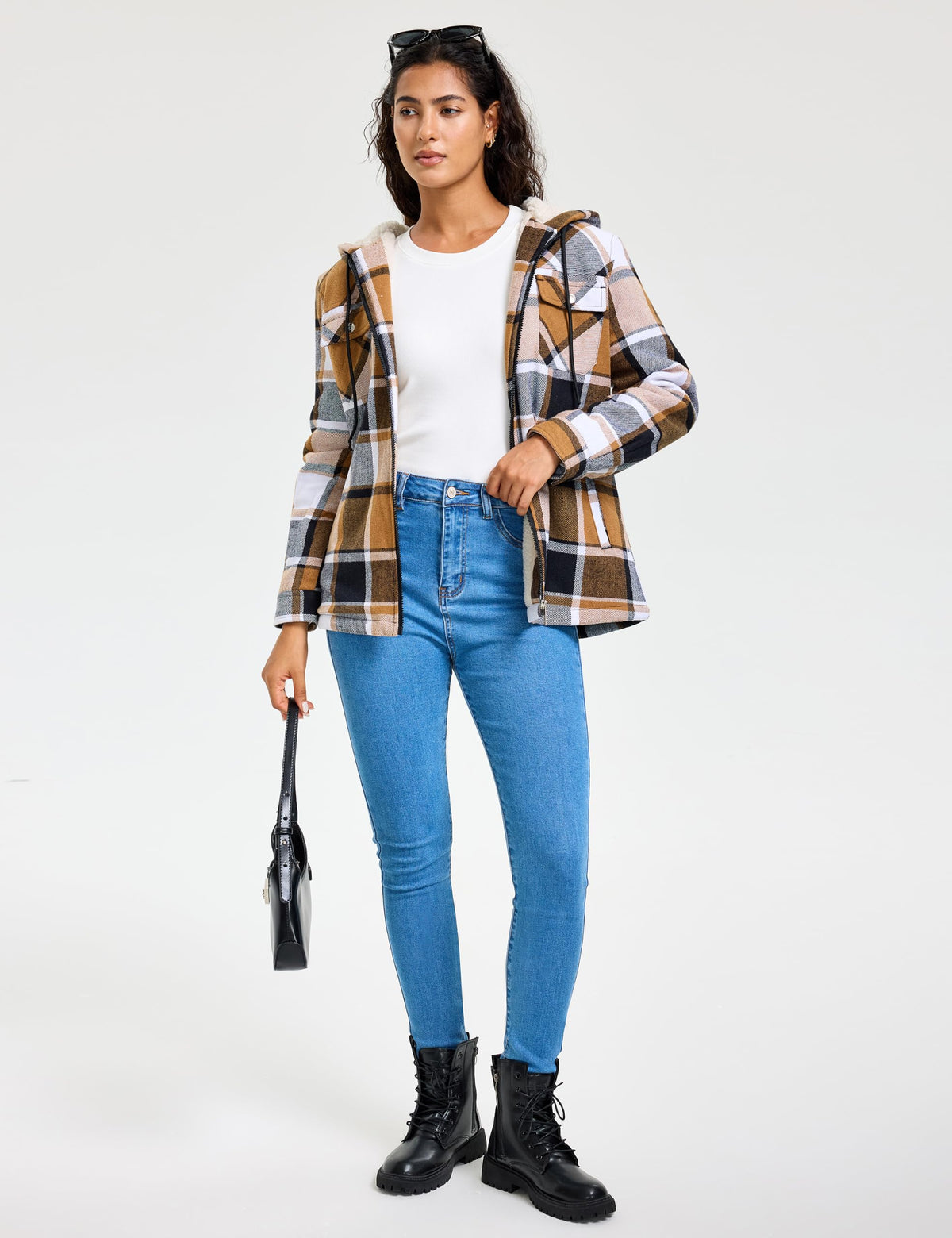 MoFiz Women Fleece Zip Up Hoodie Flannel Plaid Jacket With Pocket
