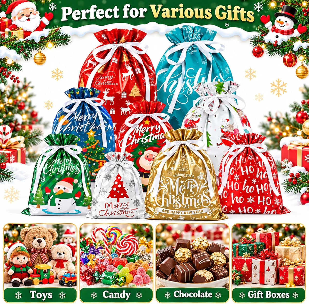 35PCS Christmas Drawstring Gift Bags, Assorted Sizes Small Medium Large