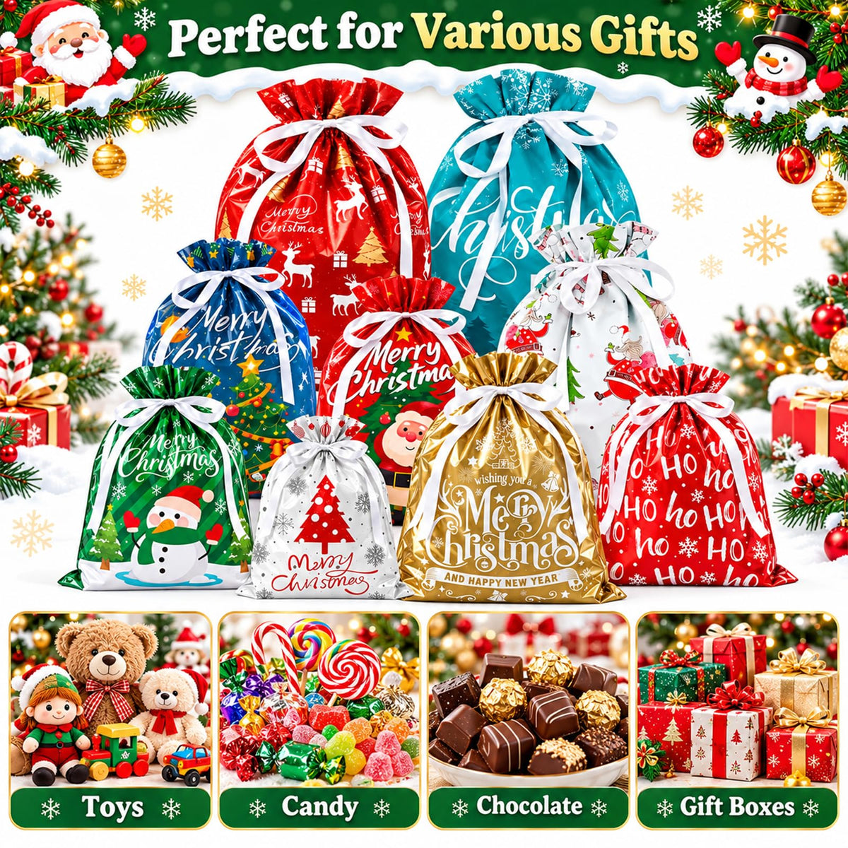 35PCS Christmas Drawstring Gift Bags, Assorted Sizes Small Medium Large