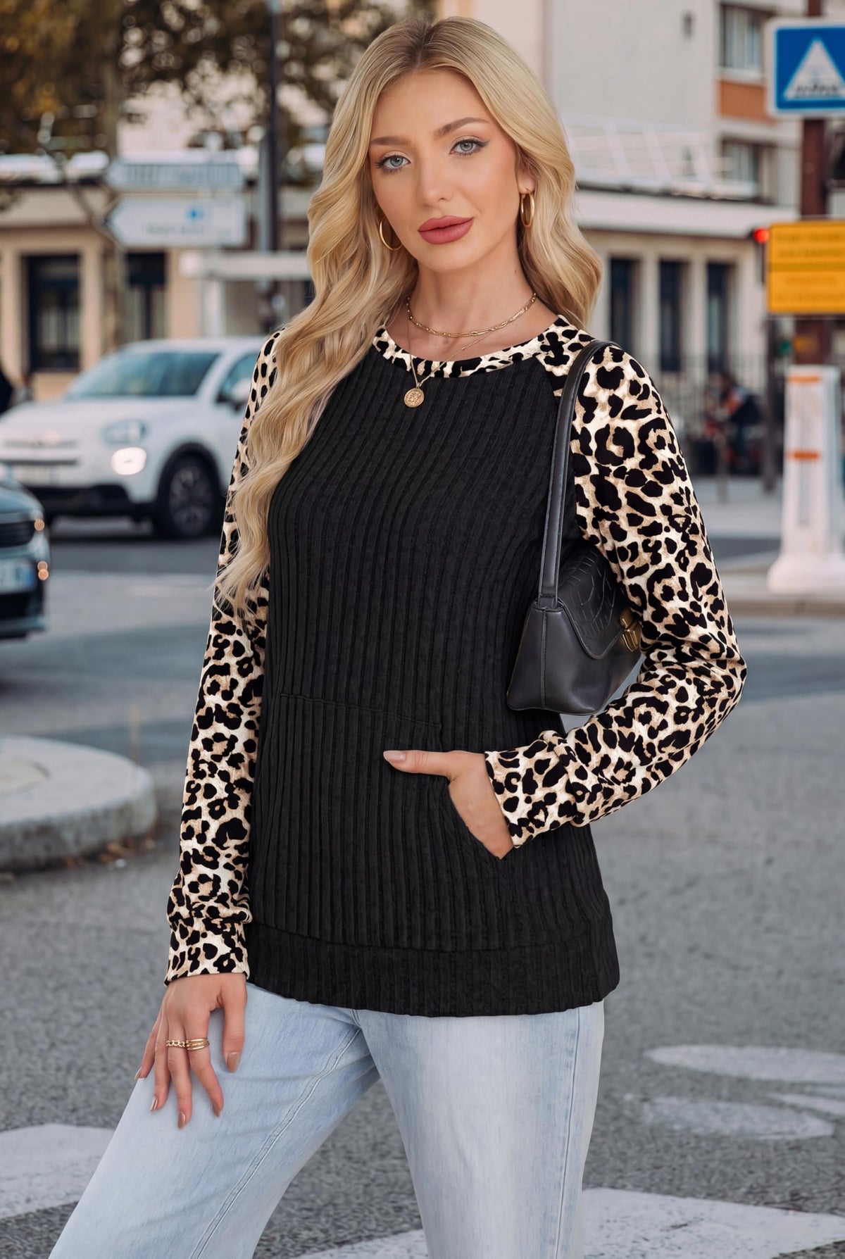OFEEFAN Womens Fall Fashion 2026 Long Sleeve Tops Oversized Sweaters Winter Clothing with Pocket Color Block Tunics