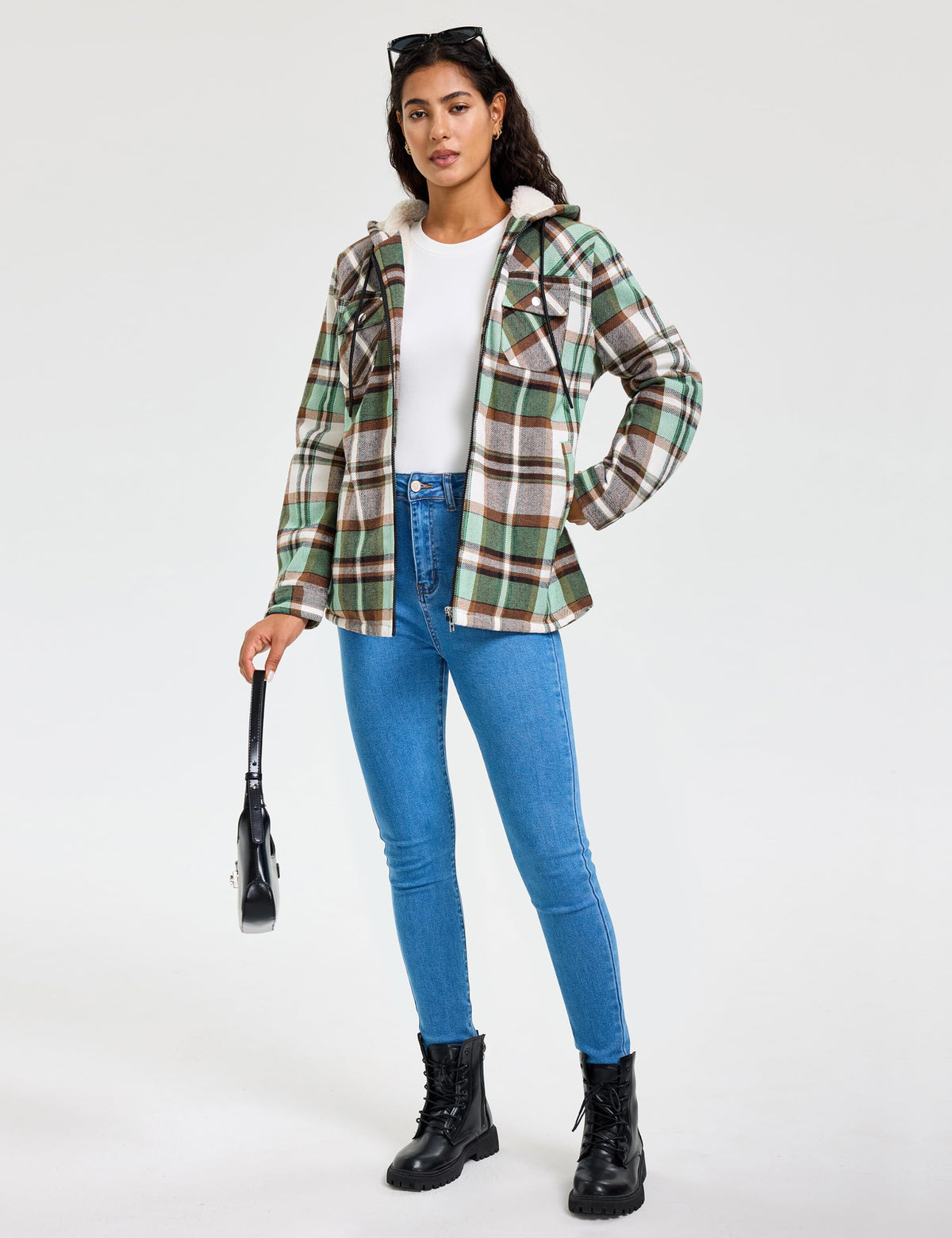 MoFiz Women Fleece Zip Up Hoodie Flannel Plaid Jacket With Pocket