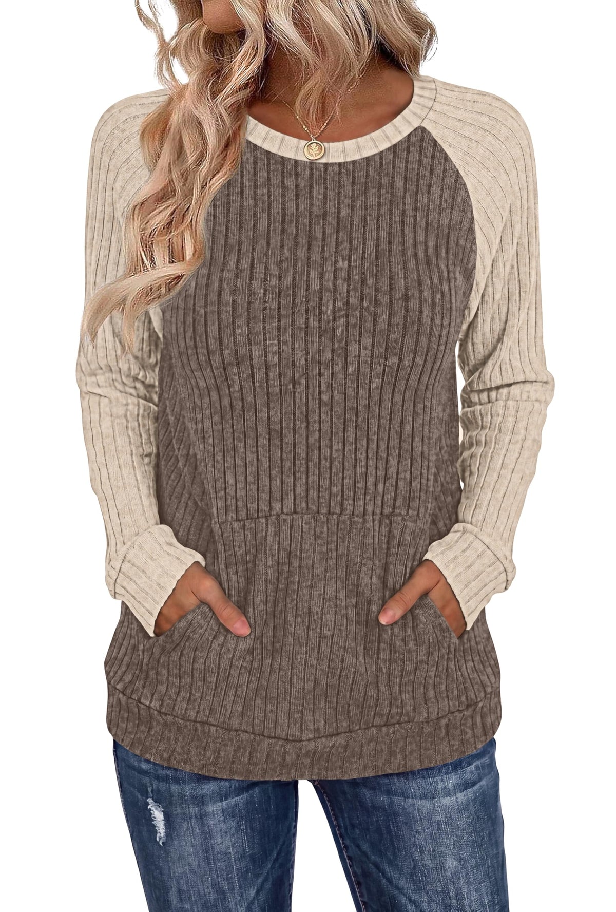 OFEEFAN Womens Fall Fashion 2026 Long Sleeve Tops Oversized Sweaters Winter Clothing with Pocket Color Block Tunics