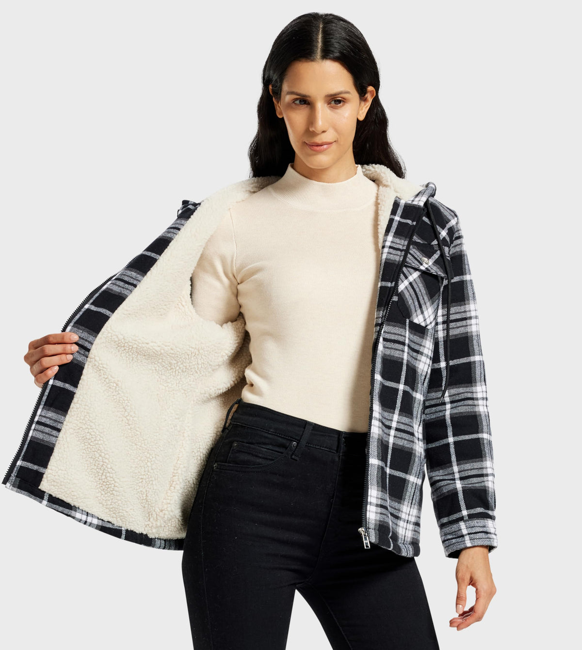 MoFiz Women Fleece Zip Up Hoodie Flannel Plaid Jacket With Pocket