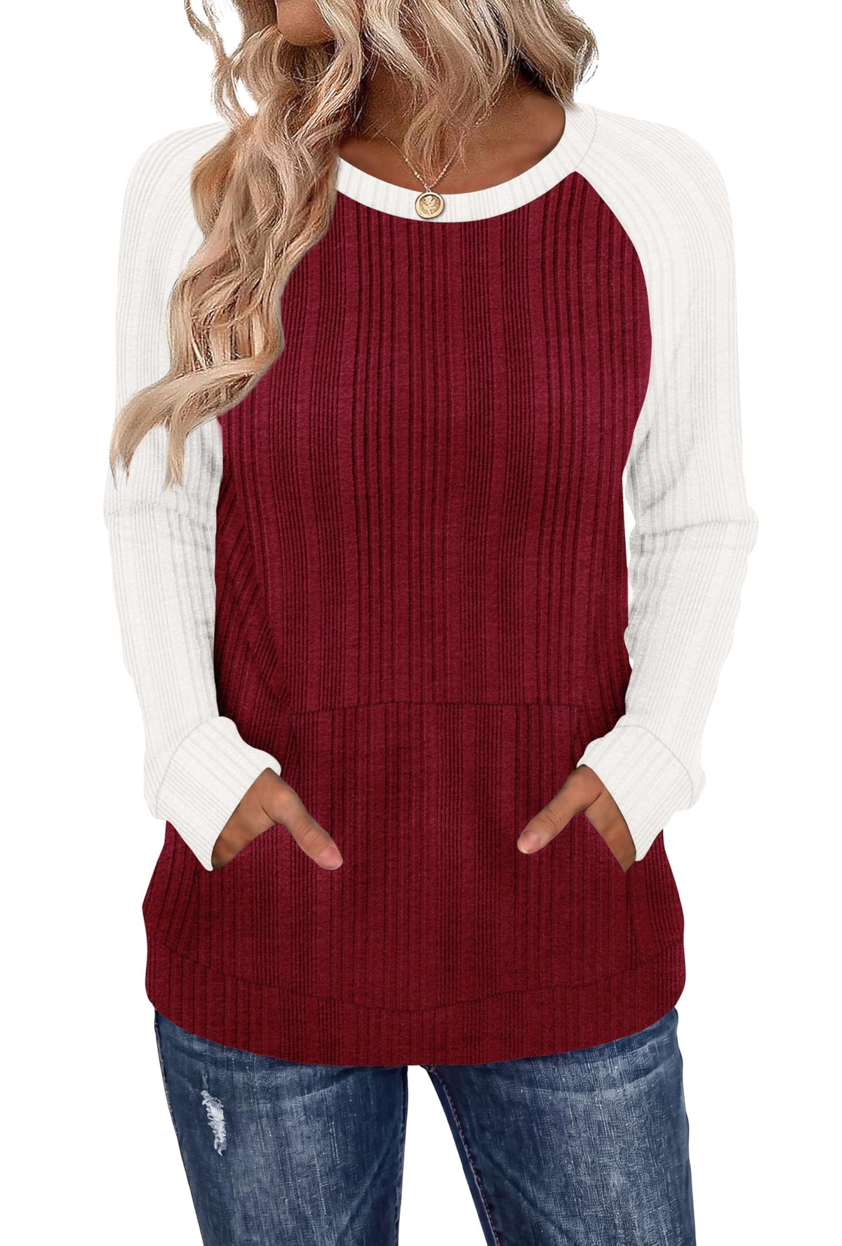 OFEEFAN Womens Fall Fashion 2026 Long Sleeve Tops Oversized Sweaters Winter Clothing with Pocket Color Block Tunics
