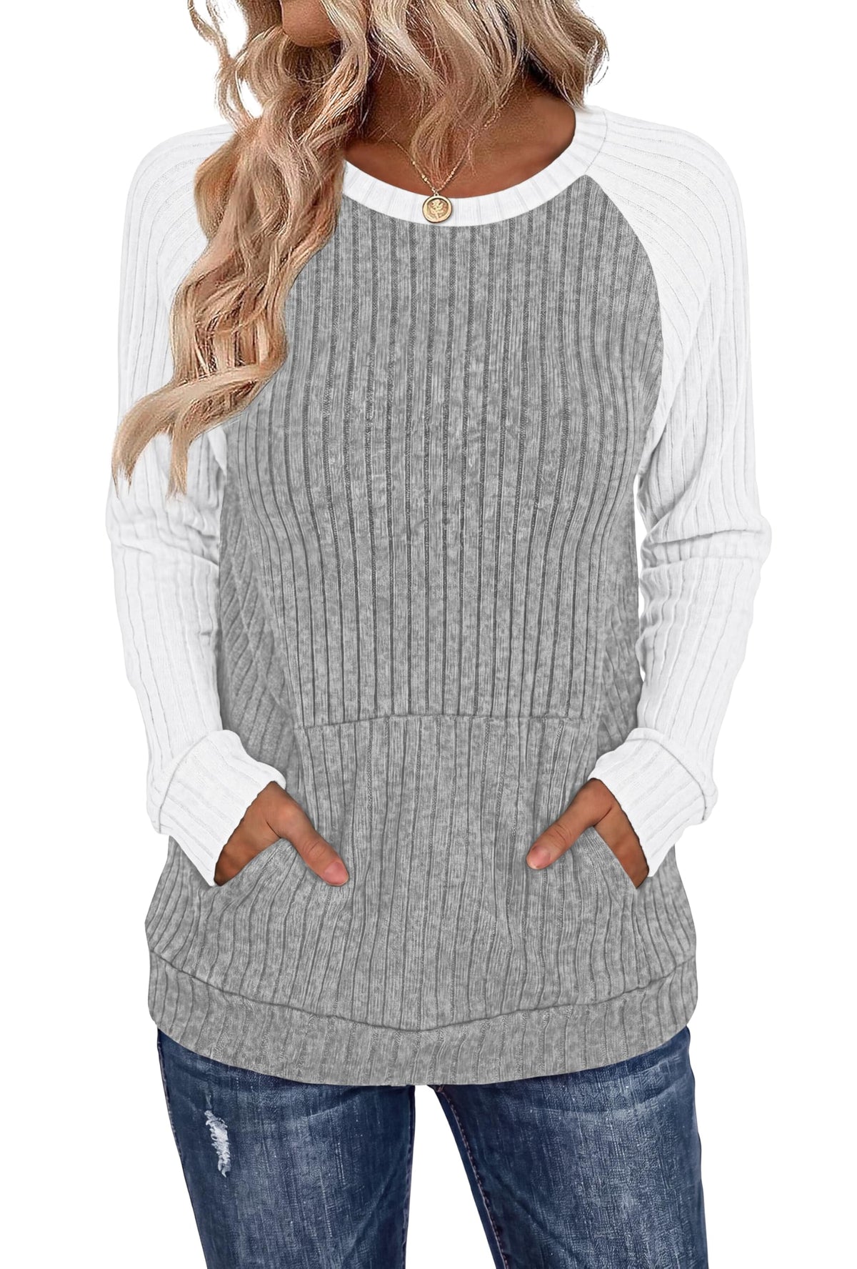 OFEEFAN Womens Fall Fashion 2026 Long Sleeve Tops Oversized Sweaters Winter Clothing with Pocket Color Block Tunics