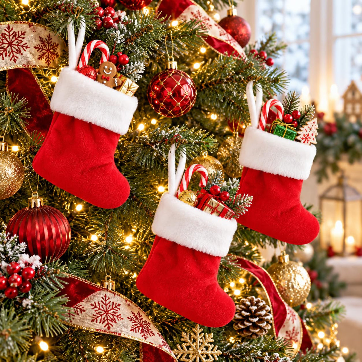 6 Pack Christmas Stockings18 Large Red Plush Christmas Stockings with White Faux Fur Cuff, Soft Thick Xmas Hanging Stockings for Fireplace Mantel, Family Holiday Decorations