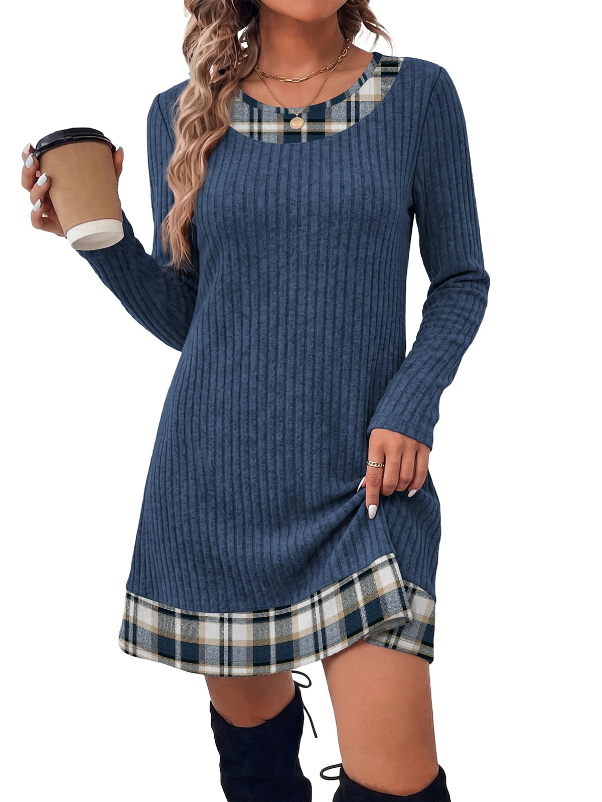 OFEEFAN Fall Dresses for Women 2026 Long Sleeve Sweater Dress Color Block