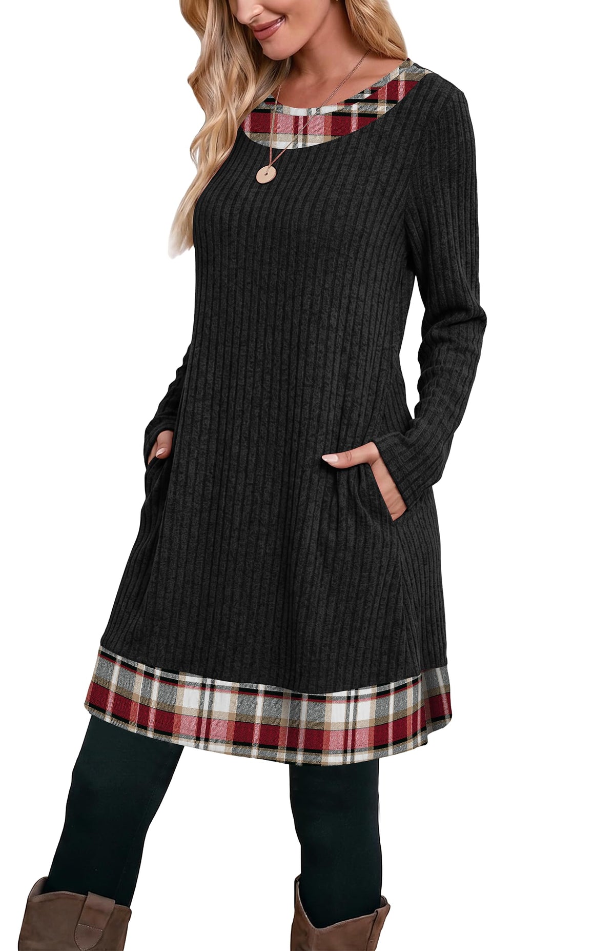 OFEEFAN Fall Dresses for Women 2026 Long Sleeve Sweater Dress Color Block