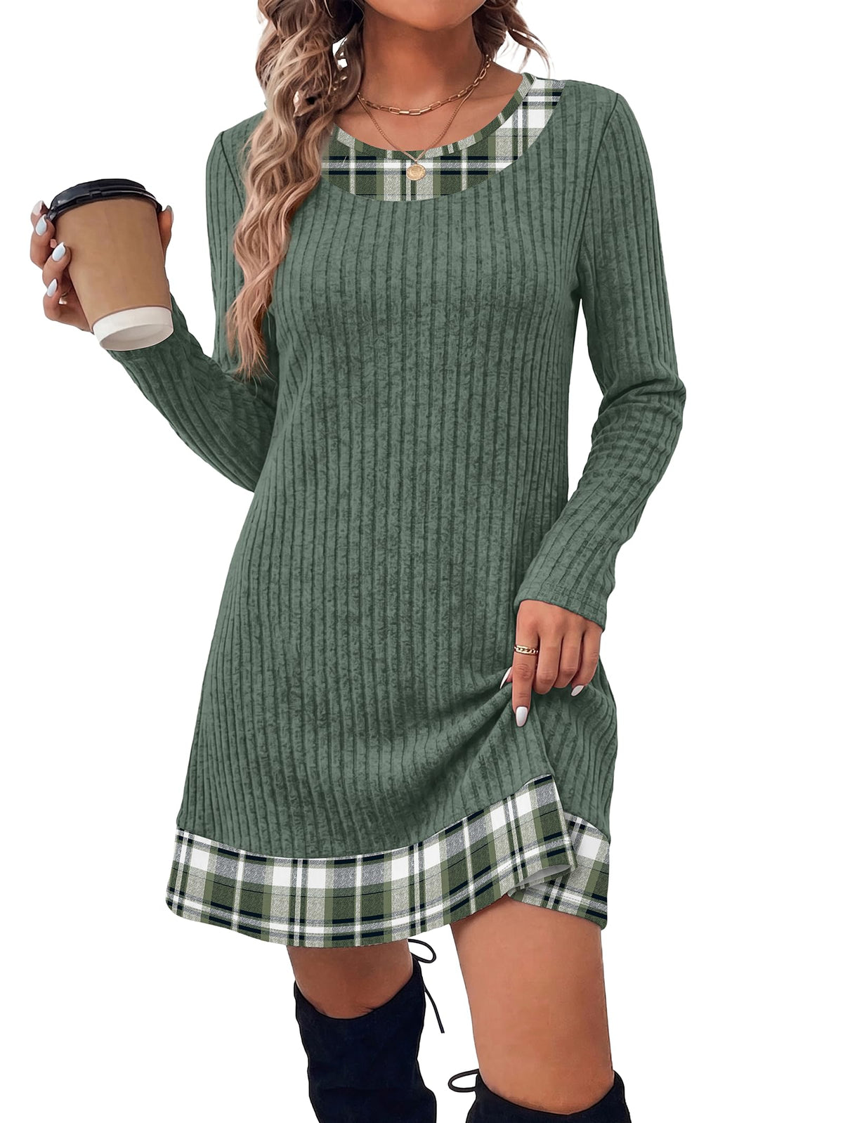 OFEEFAN Fall Dresses for Women 2026 Long Sleeve Sweater Dress Color Block