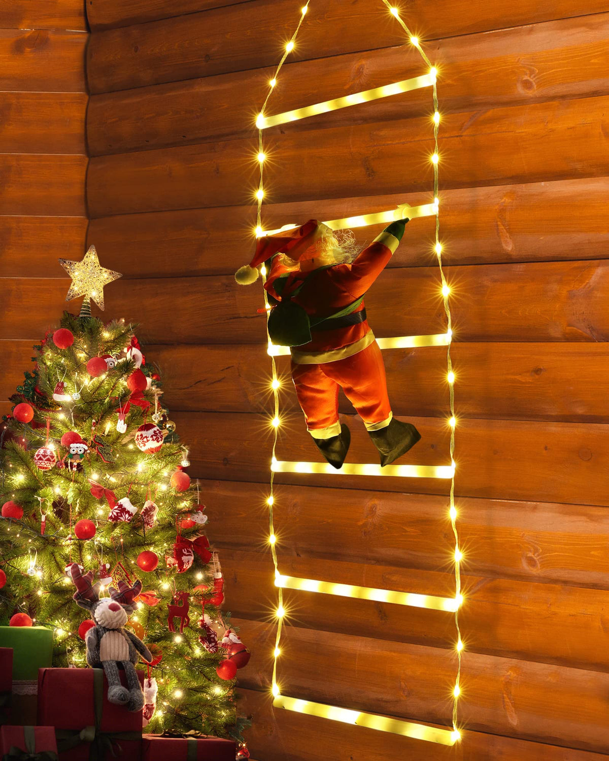 Toodour LED Christmas Lights - 10ft Christmas Decorative Ladder Lights with Santa Claus, Xmas Decorations Light for Indoor Outdoor, Window, Garden, Home, Wall, Xmas Tree Decor - Warm White