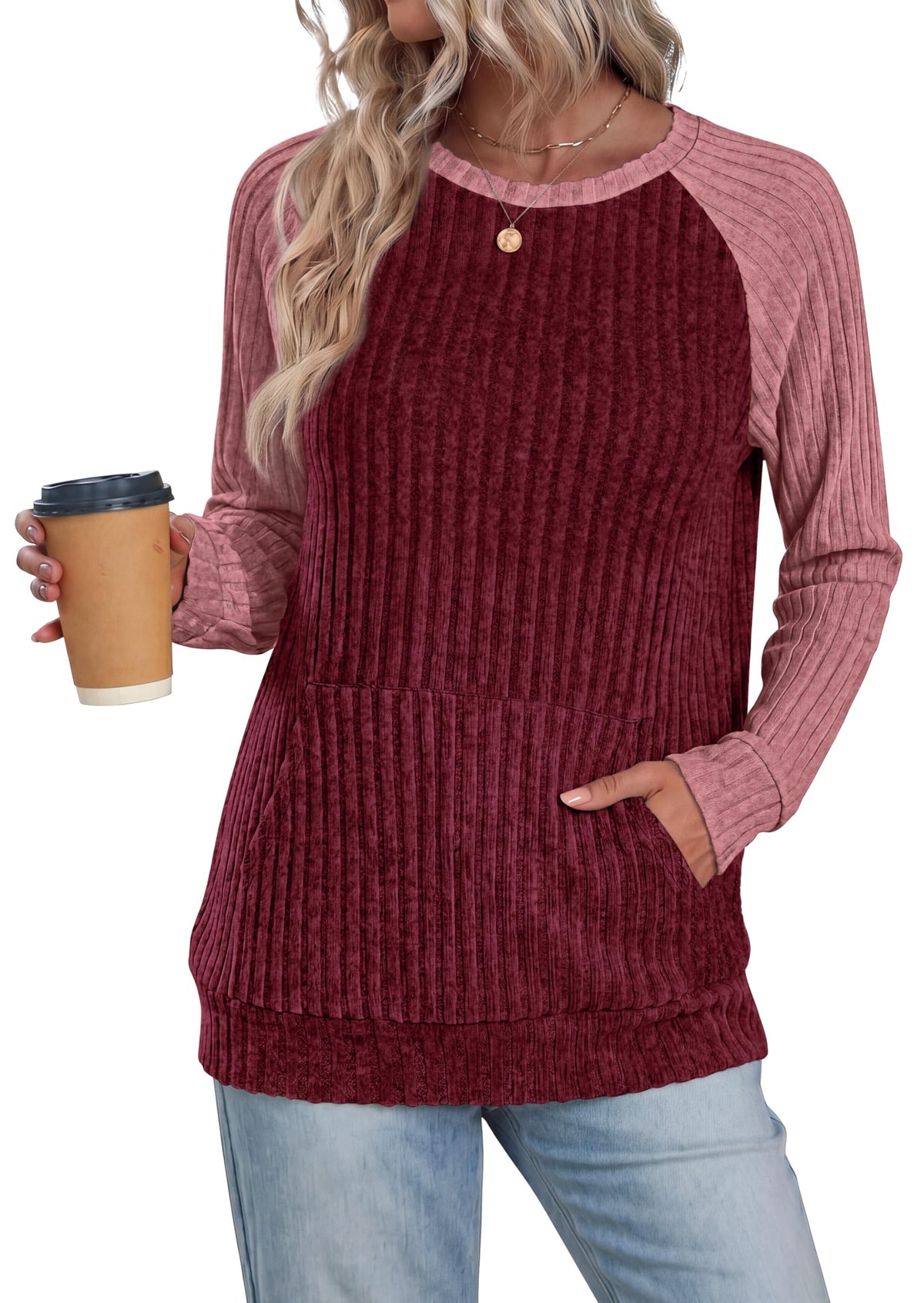 OFEEFAN Womens Fall Fashion 2026 Long Sleeve Tops Oversized Sweaters Winter Clothing with Pocket Color Block Tunics