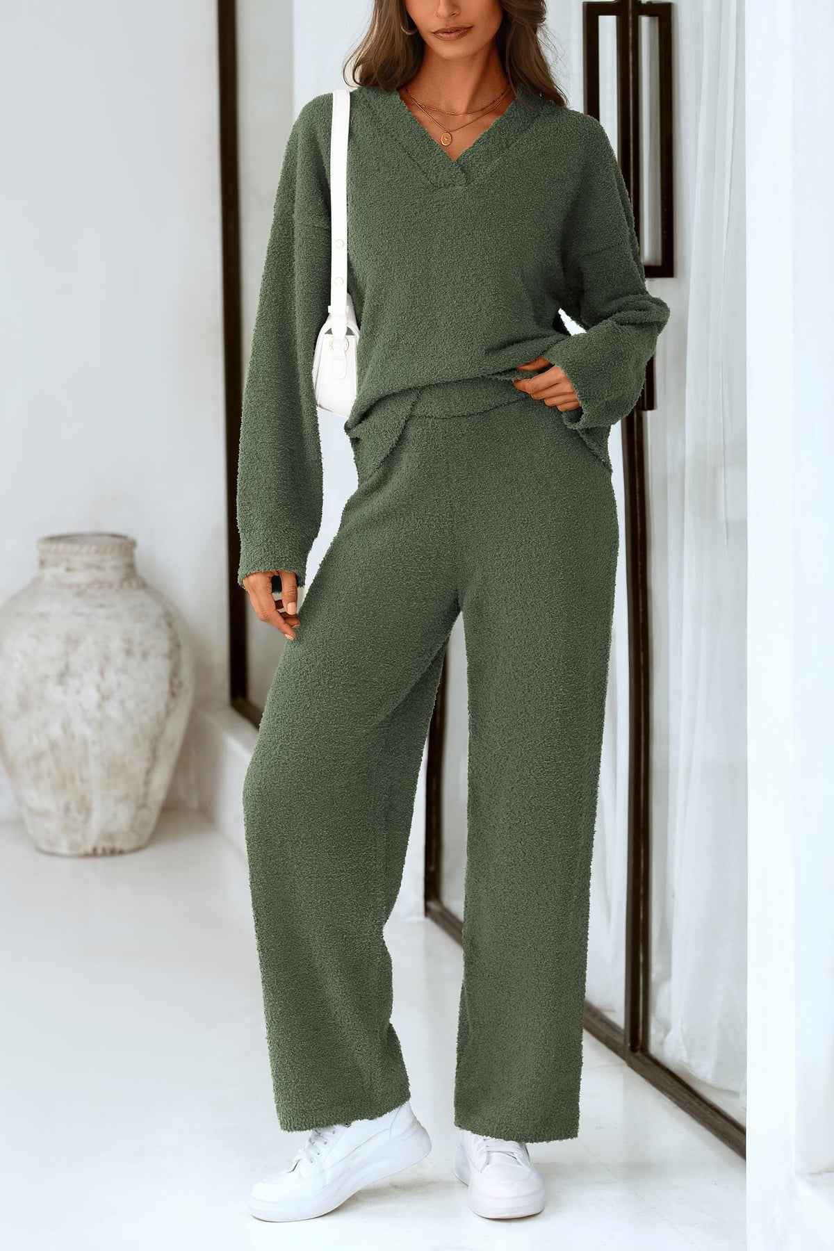 PRETTYGARDEN Lounge Sets for Women Fall 2 Piece Fuzzy Sweater Pajama Set