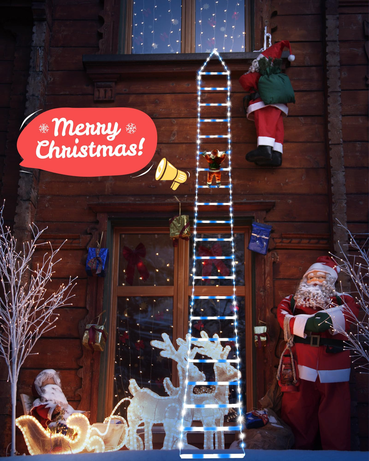 Toodour LED Christmas Lights - 10ft Christmas Decorative Ladder Lights with Santa Claus, Xmas Decorations Light for Indoor Outdoor, Window, Garden, Home, Wall, Xmas Tree Decor - Warm White