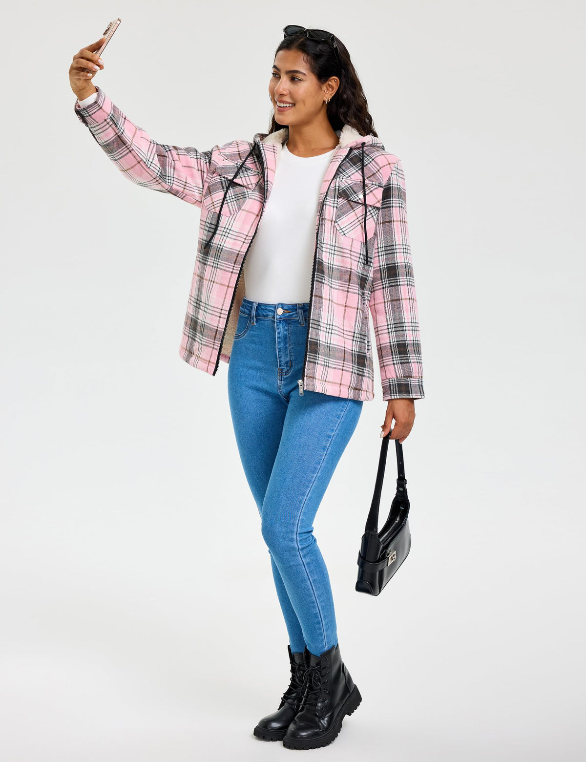 MoFiz Women Fleece Zip Up Hoodie Flannel Plaid Jacket With Pocket