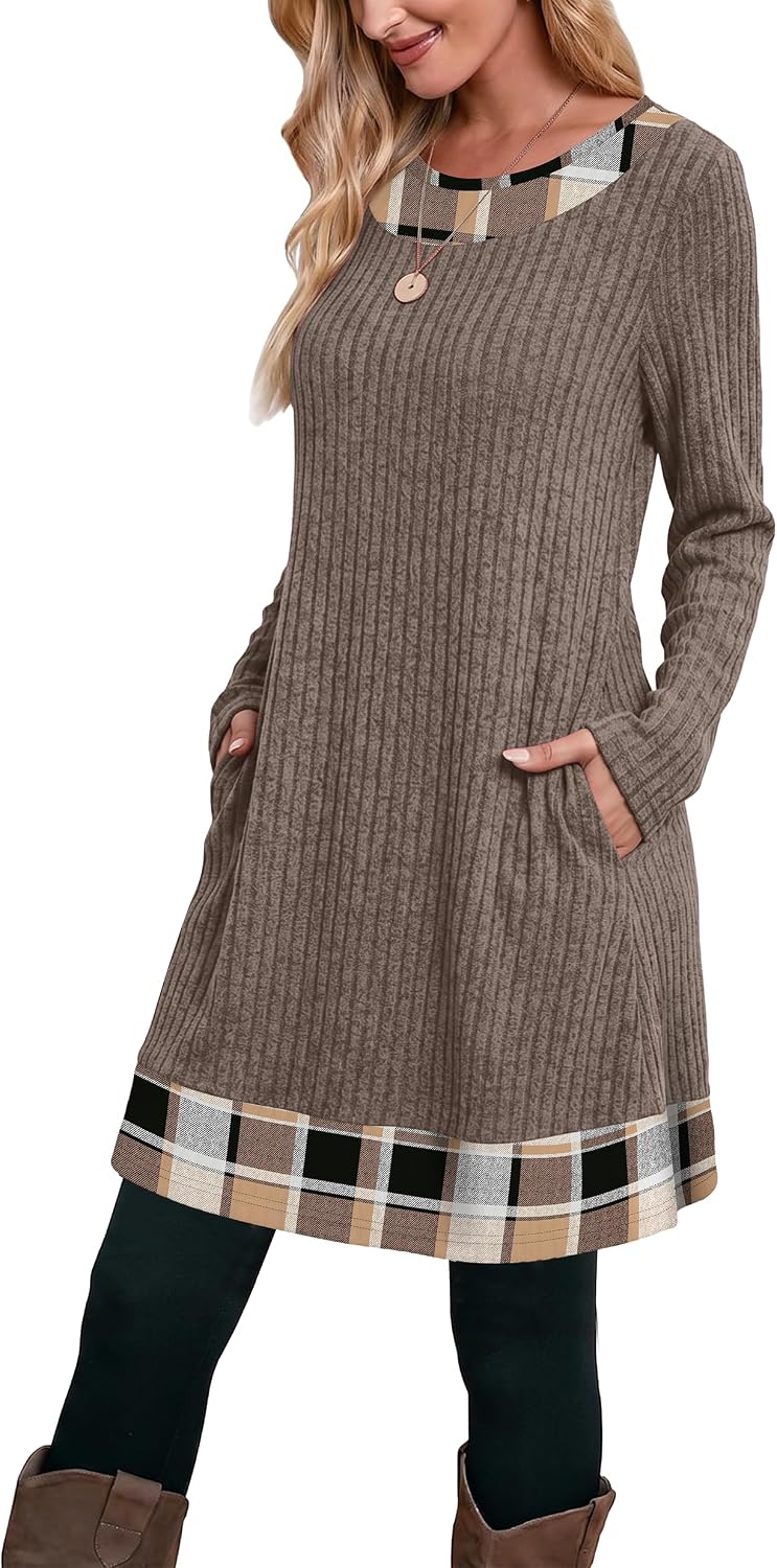 OFEEFAN Fall Dresses for Women 2026 Long Sleeve Sweater Dress Color Block