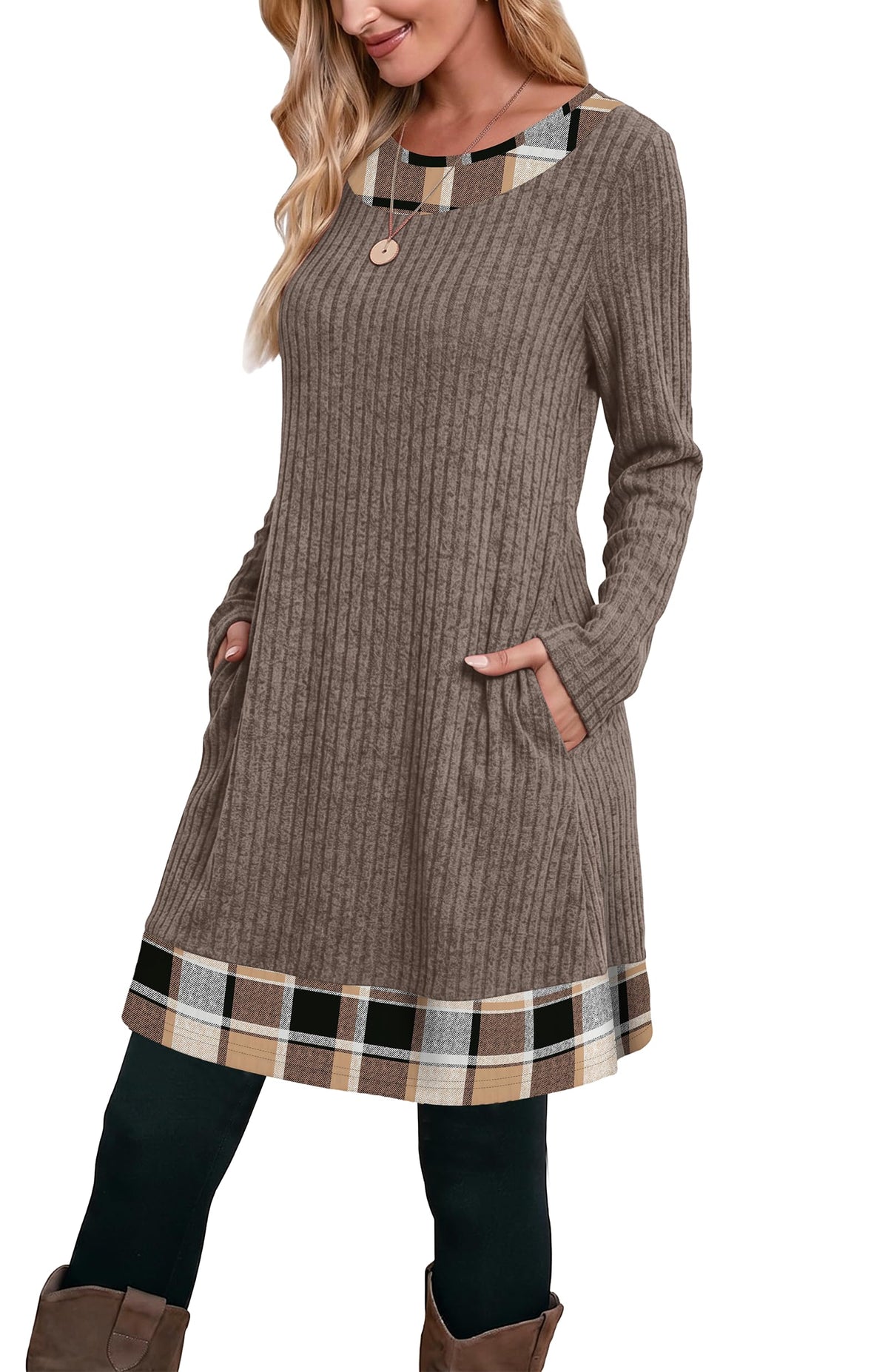 OFEEFAN Fall Dresses for Women 2026 Long Sleeve Sweater Dress Color Block