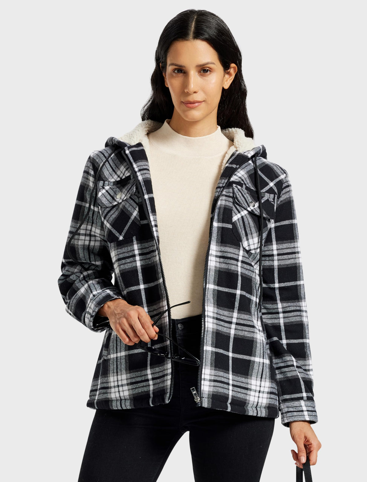 MoFiz Women Fleece Zip Up Hoodie Flannel Plaid Jacket With Pocket