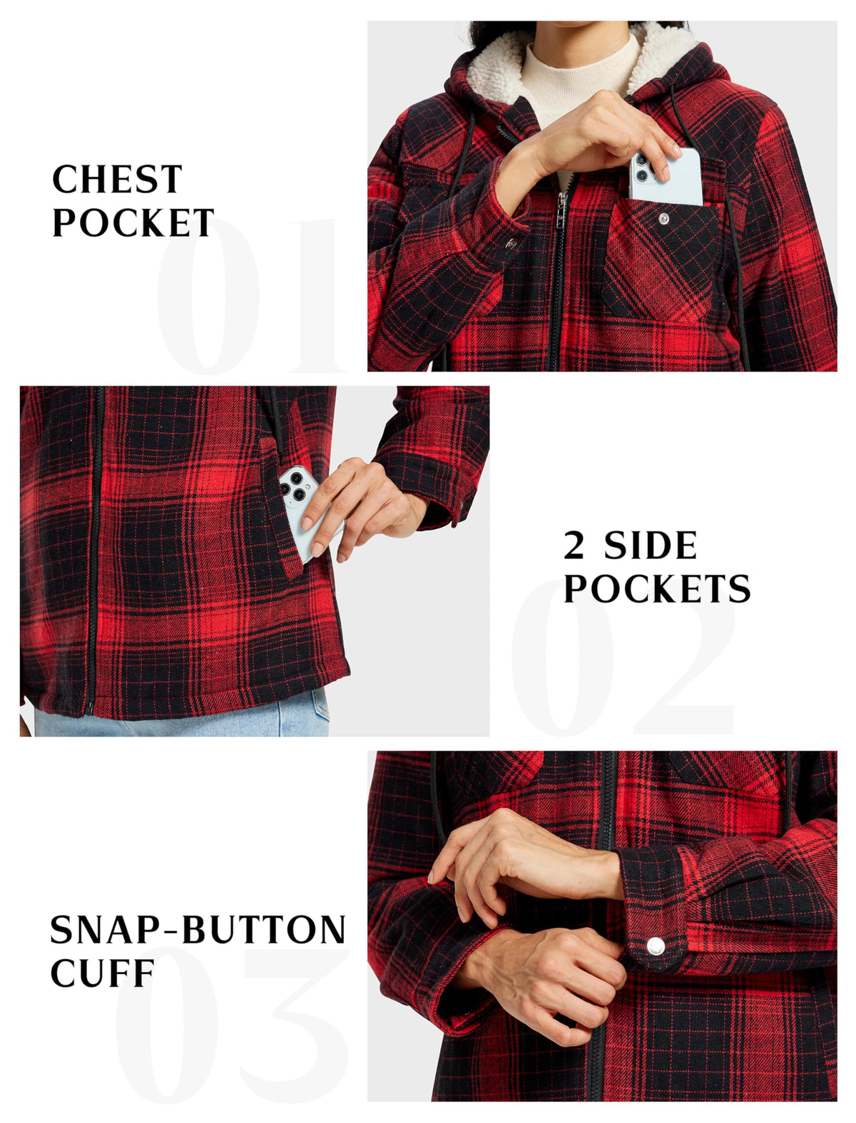 MoFiz Women Fleece Zip Up Hoodie Flannel Plaid Jacket With Pocket