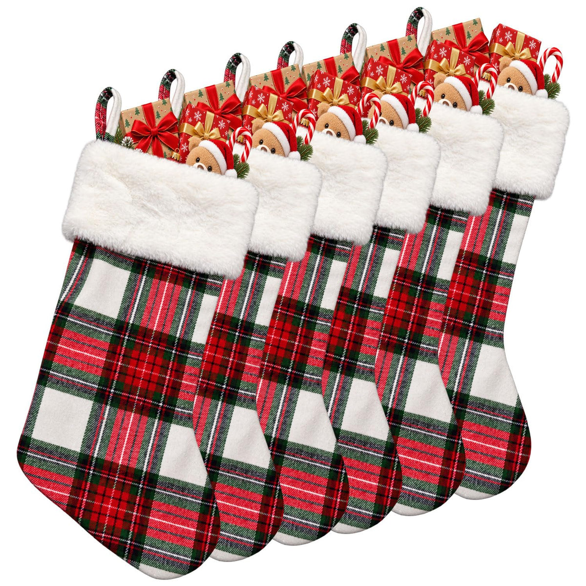 6 Pack Christmas Stockings18 Large Red Plush Christmas Stockings with White Faux Fur Cuff, Soft Thick Xmas Hanging Stockings for Fireplace Mantel, Family Holiday Decorations