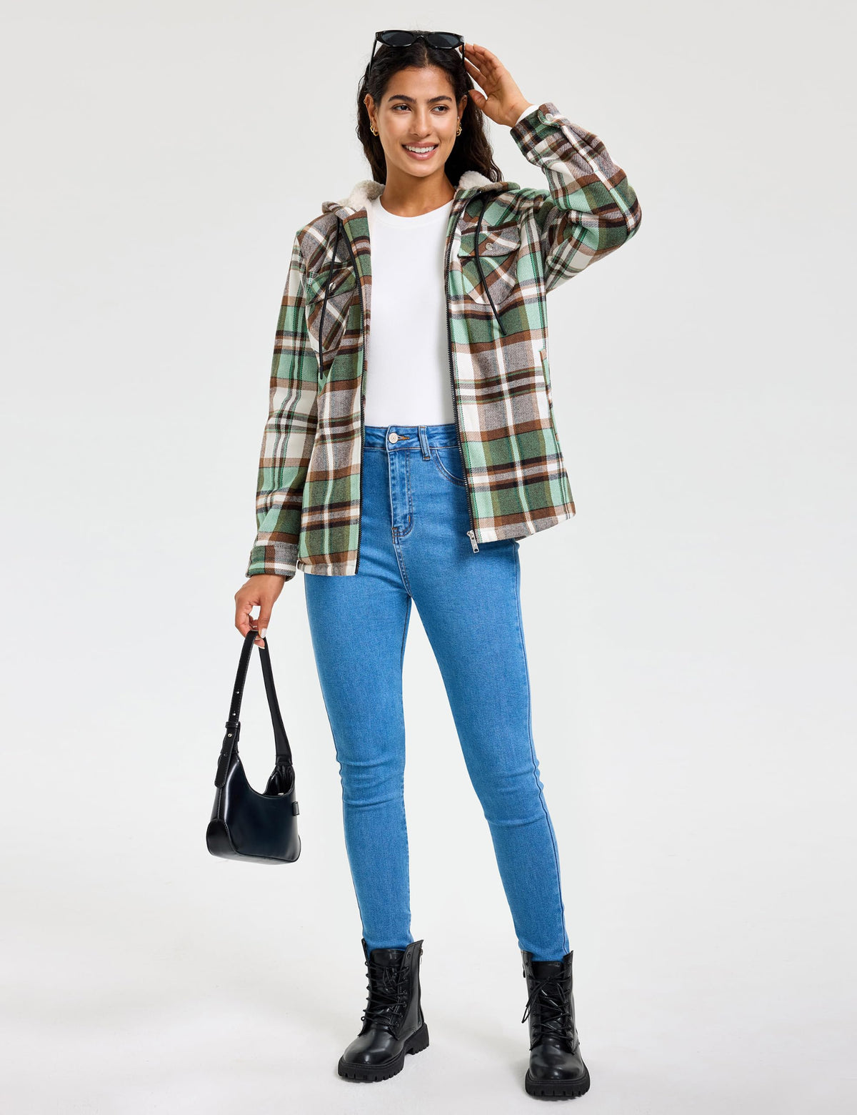 MoFiz Women Fleece Zip Up Hoodie Flannel Plaid Jacket With Pocket