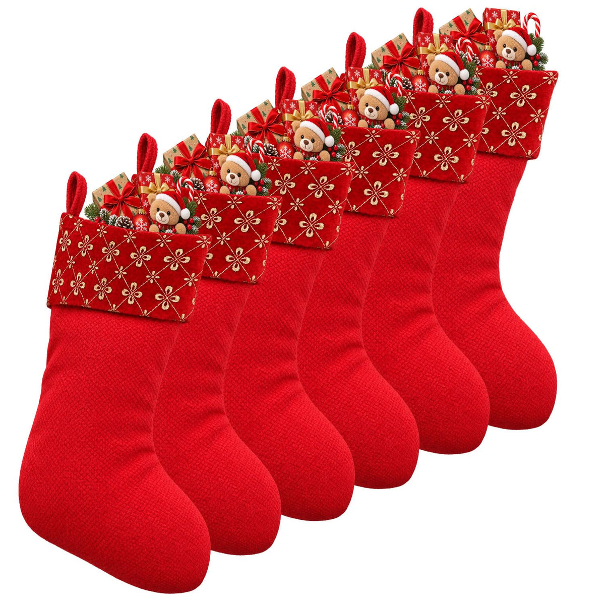 6 Pack Christmas Stockings18 Large Red Plush Christmas Stockings with White Faux Fur Cuff, Soft Thick Xmas Hanging Stockings for Fireplace Mantel, Family Holiday Decorations