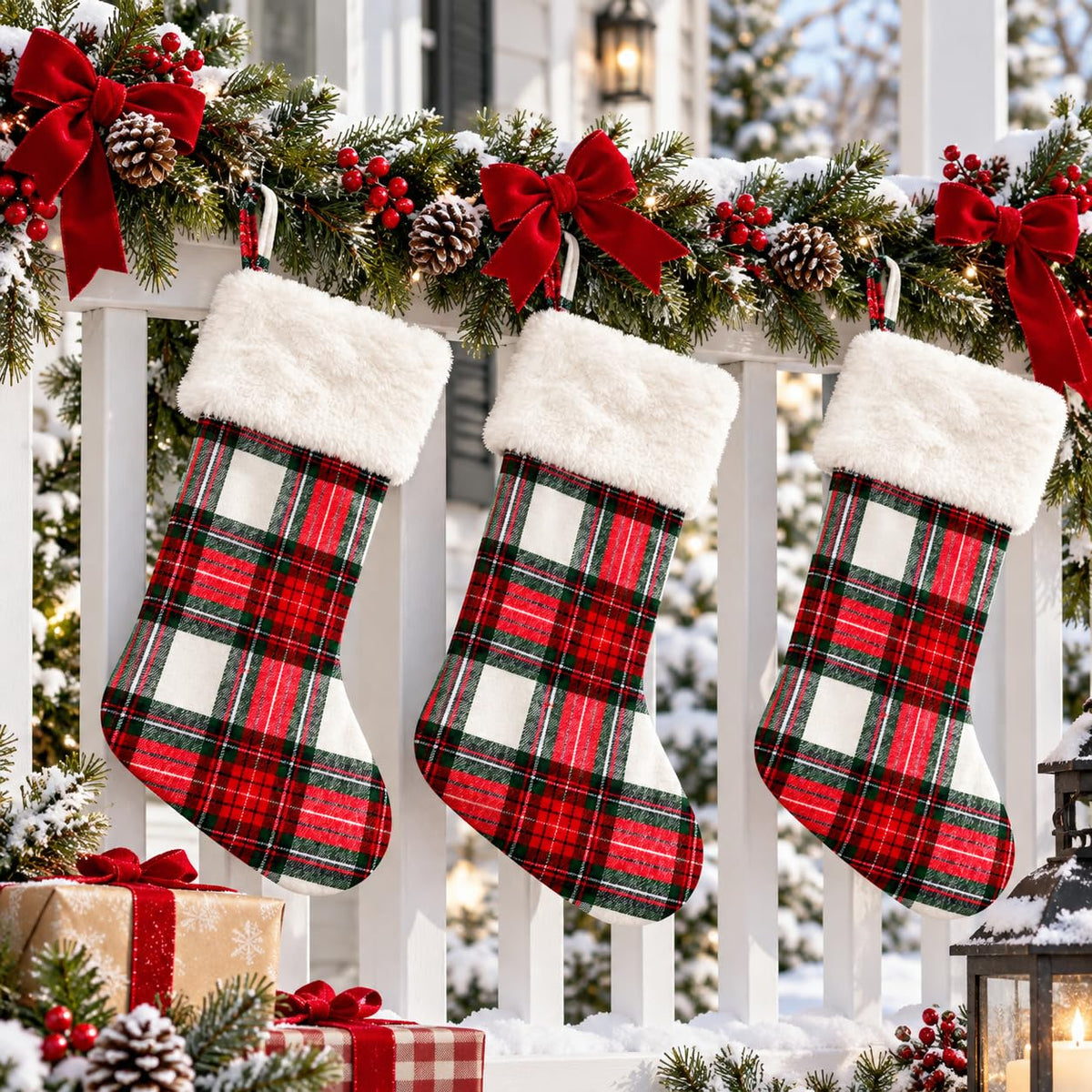 6 Pack Christmas Stockings18 Large Red Plush Christmas Stockings with White Faux Fur Cuff, Soft Thick Xmas Hanging Stockings for Fireplace Mantel, Family Holiday Decorations