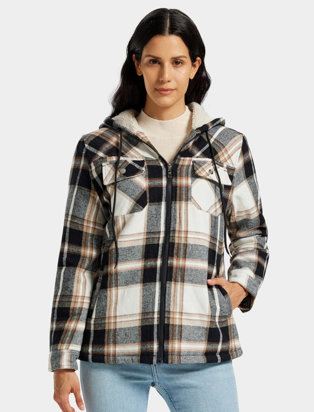 MoFiz Women Fleece Zip Up Hoodie Flannel Plaid Jacket With Pocket