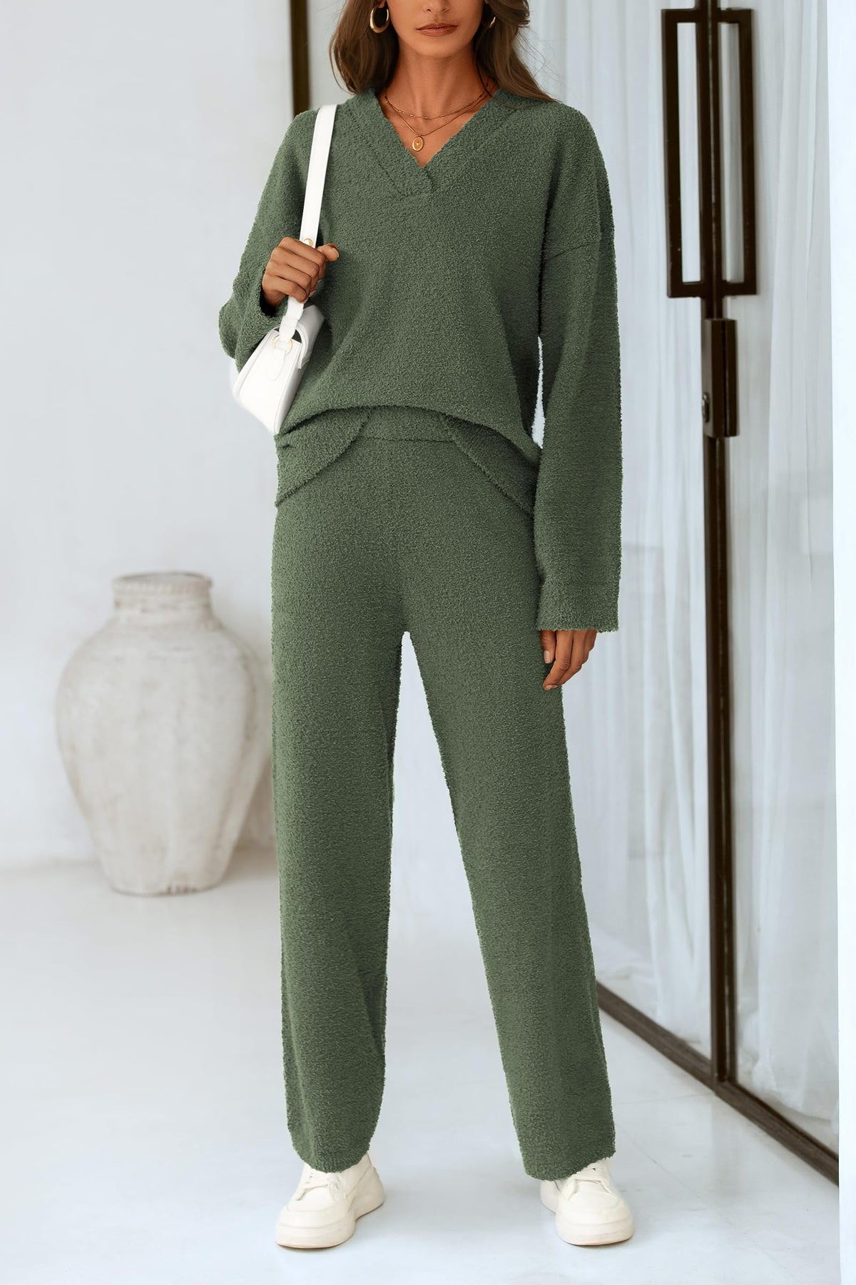 PRETTYGARDEN Lounge Sets for Women Fall 2 Piece Fuzzy Sweater Pajama Set