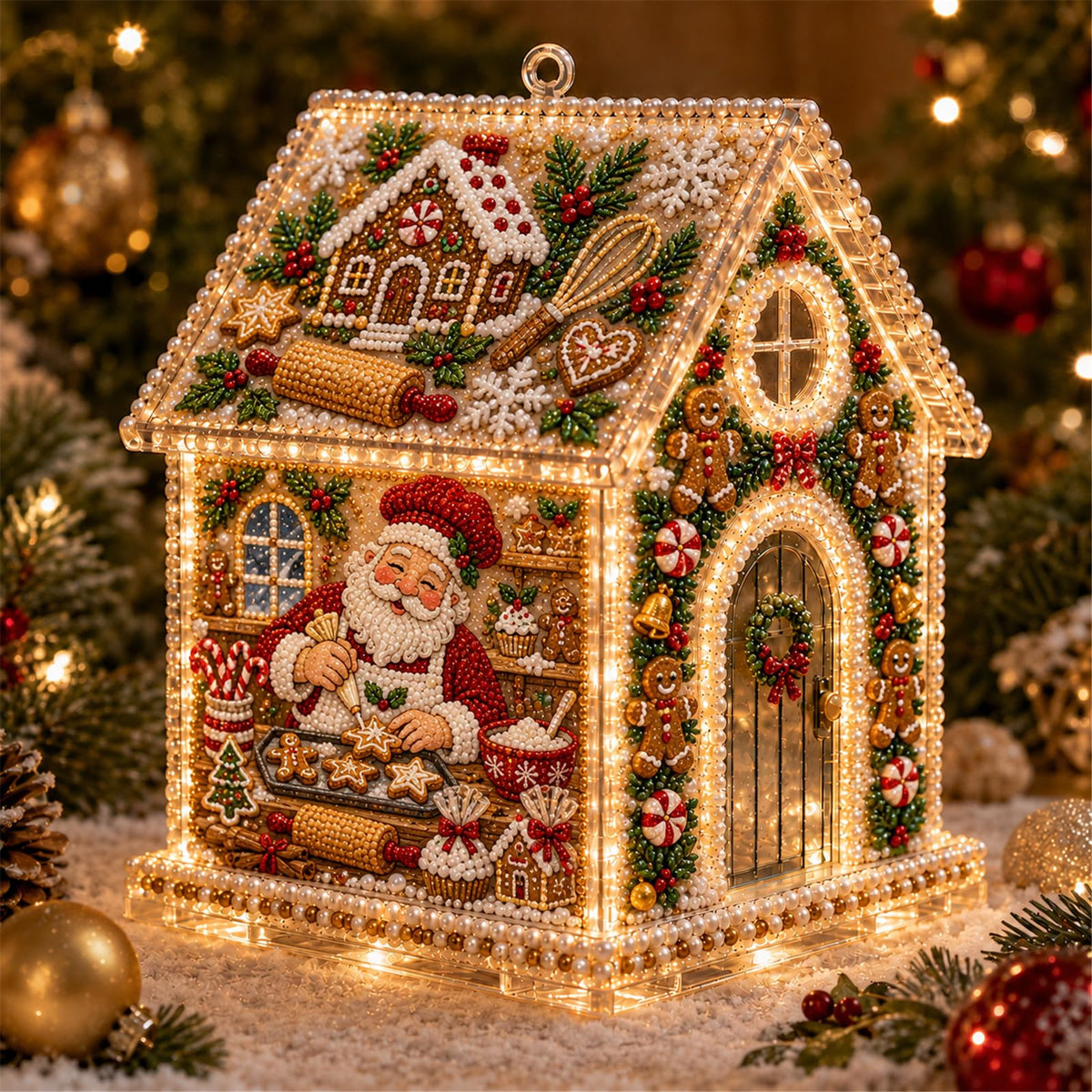 DIY Light Up Pearl Diamond Art Acrylic Cottage Kit，Christmas Village