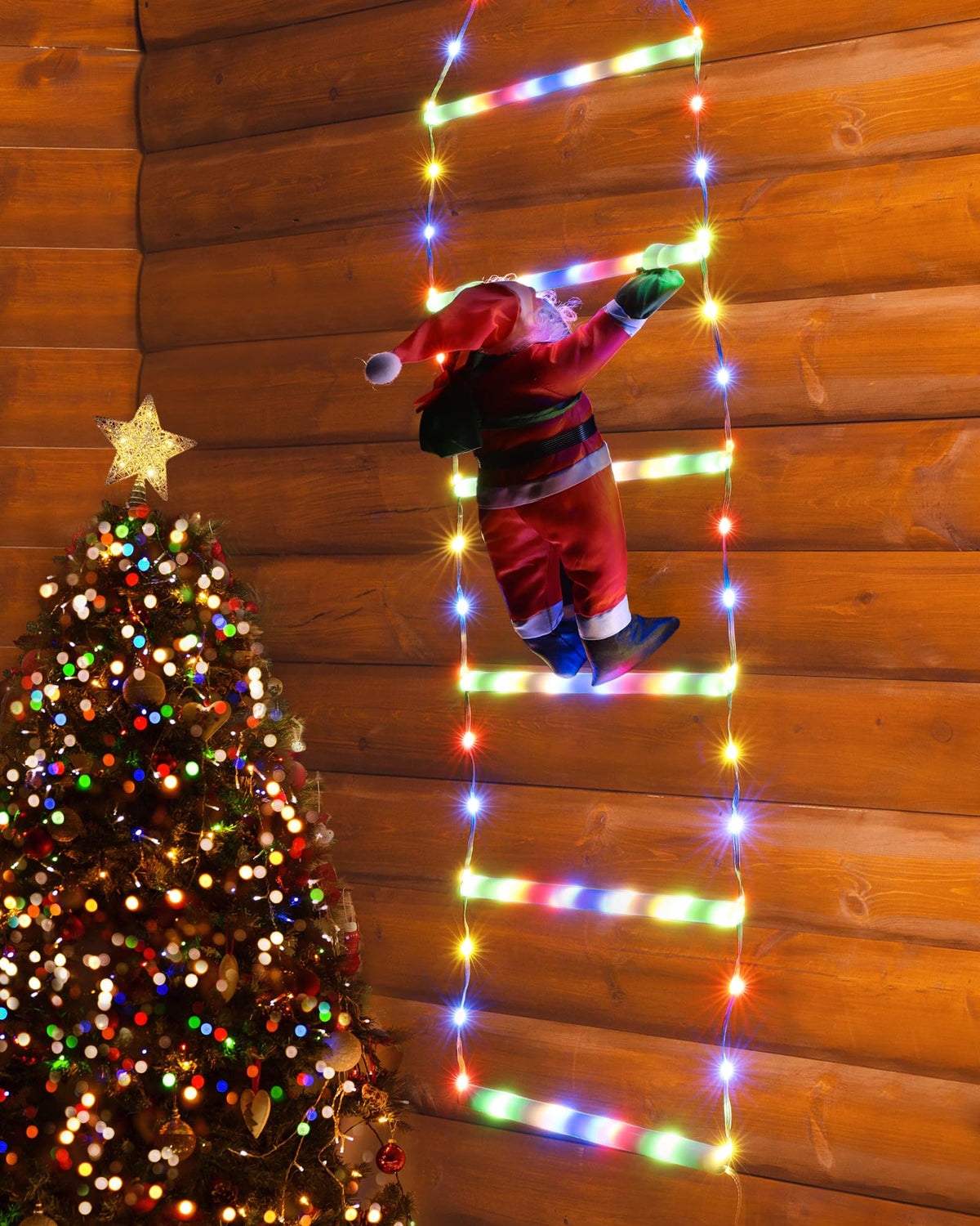 Toodour LED Christmas Lights - 10ft Christmas Decorative Ladder Lights with Santa Claus, Xmas Decorations Light for Indoor Outdoor, Window, Garden, Home, Wall, Xmas Tree Decor - Warm White