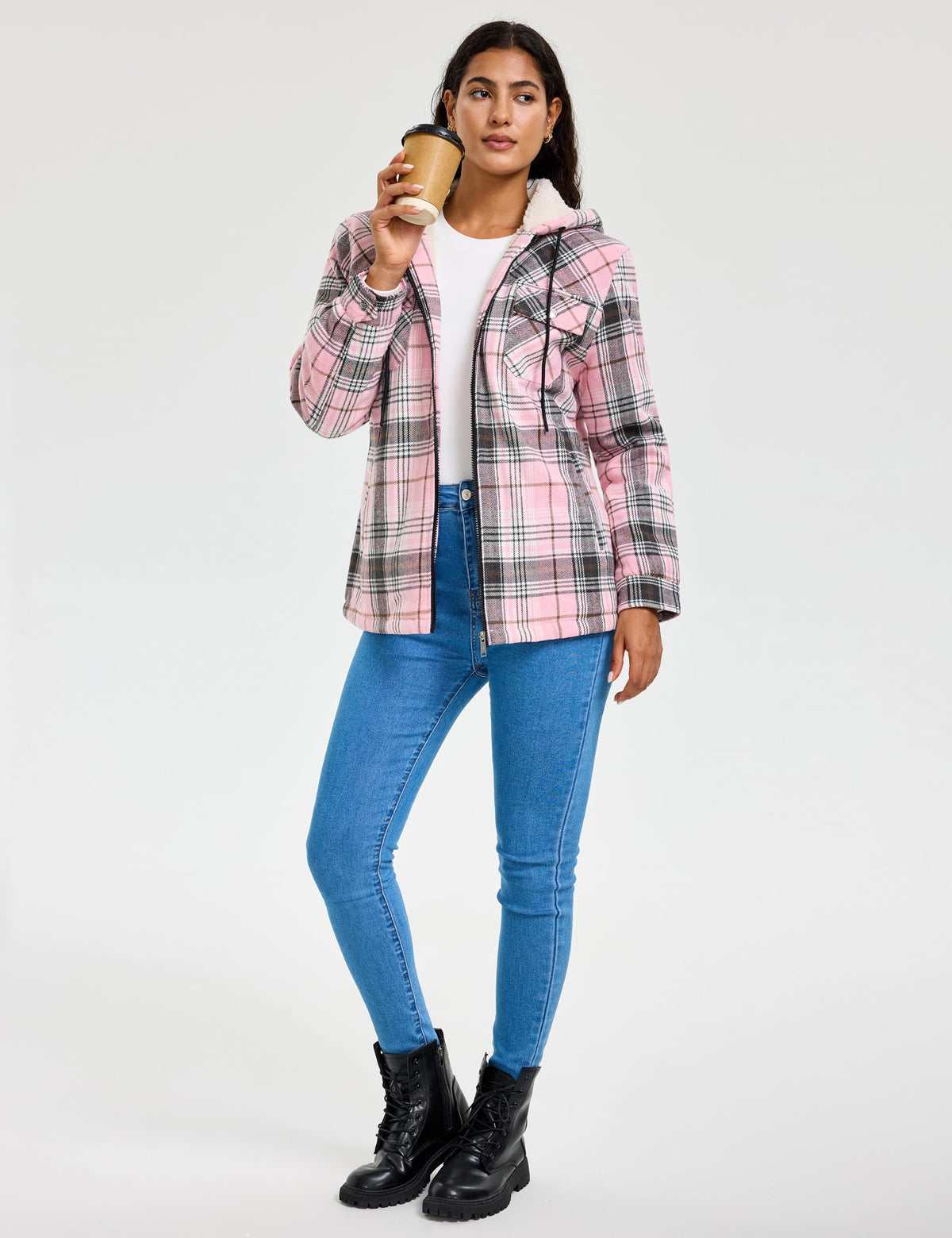 MoFiz Women Fleece Zip Up Hoodie Flannel Plaid Jacket With Pocket