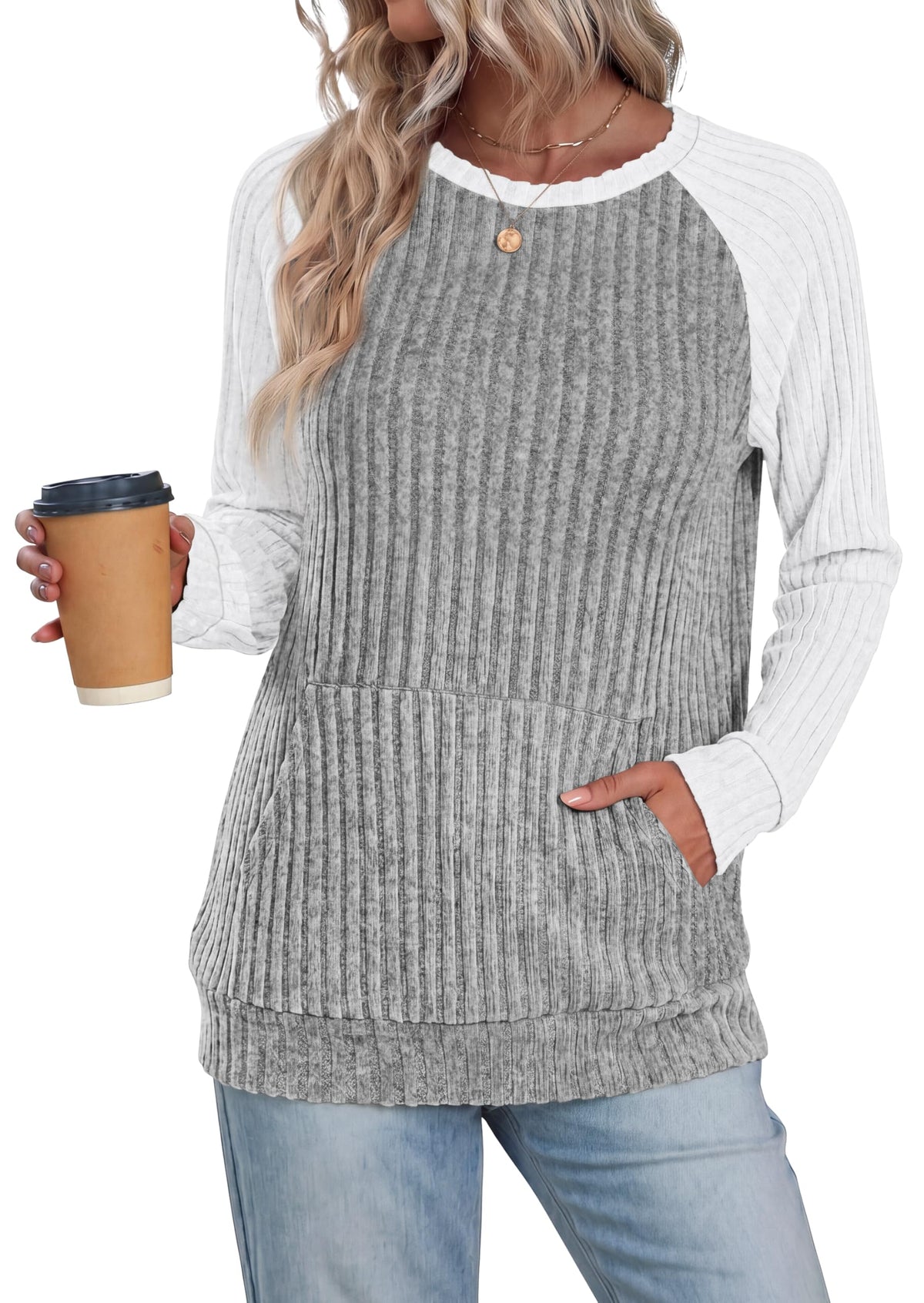 OFEEFAN Womens Fall Fashion 2026 Long Sleeve Tops Oversized Sweaters Winter Clothing with Pocket Color Block Tunics