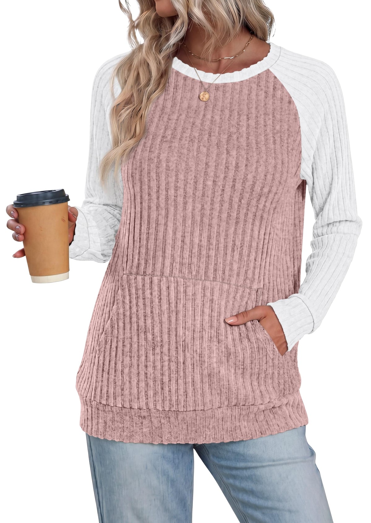 OFEEFAN Womens Fall Fashion 2026 Long Sleeve Tops Oversized Sweaters Winter Clothing with Pocket Color Block Tunics