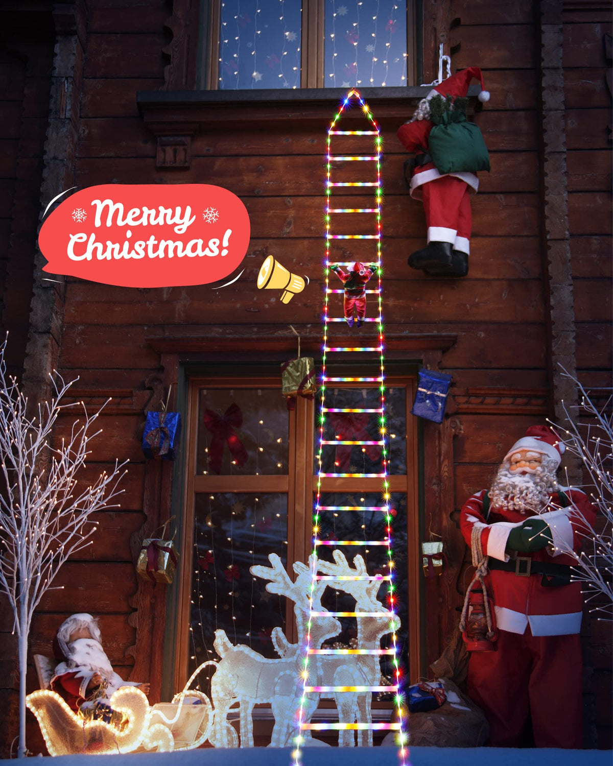 Toodour LED Christmas Lights - 10ft Christmas Decorative Ladder Lights with Santa Claus, Xmas Decorations Light for Indoor Outdoor, Window, Garden, Home, Wall, Xmas Tree Decor - Warm White
