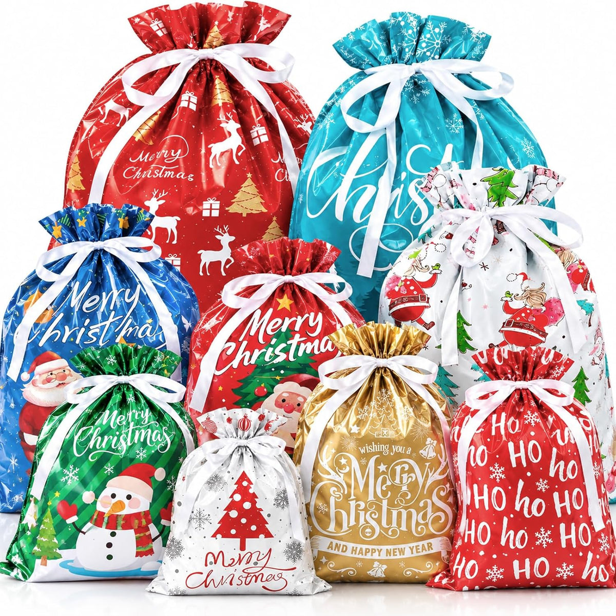 35PCS Christmas Drawstring Gift Bags, Assorted Sizes Small Medium Large