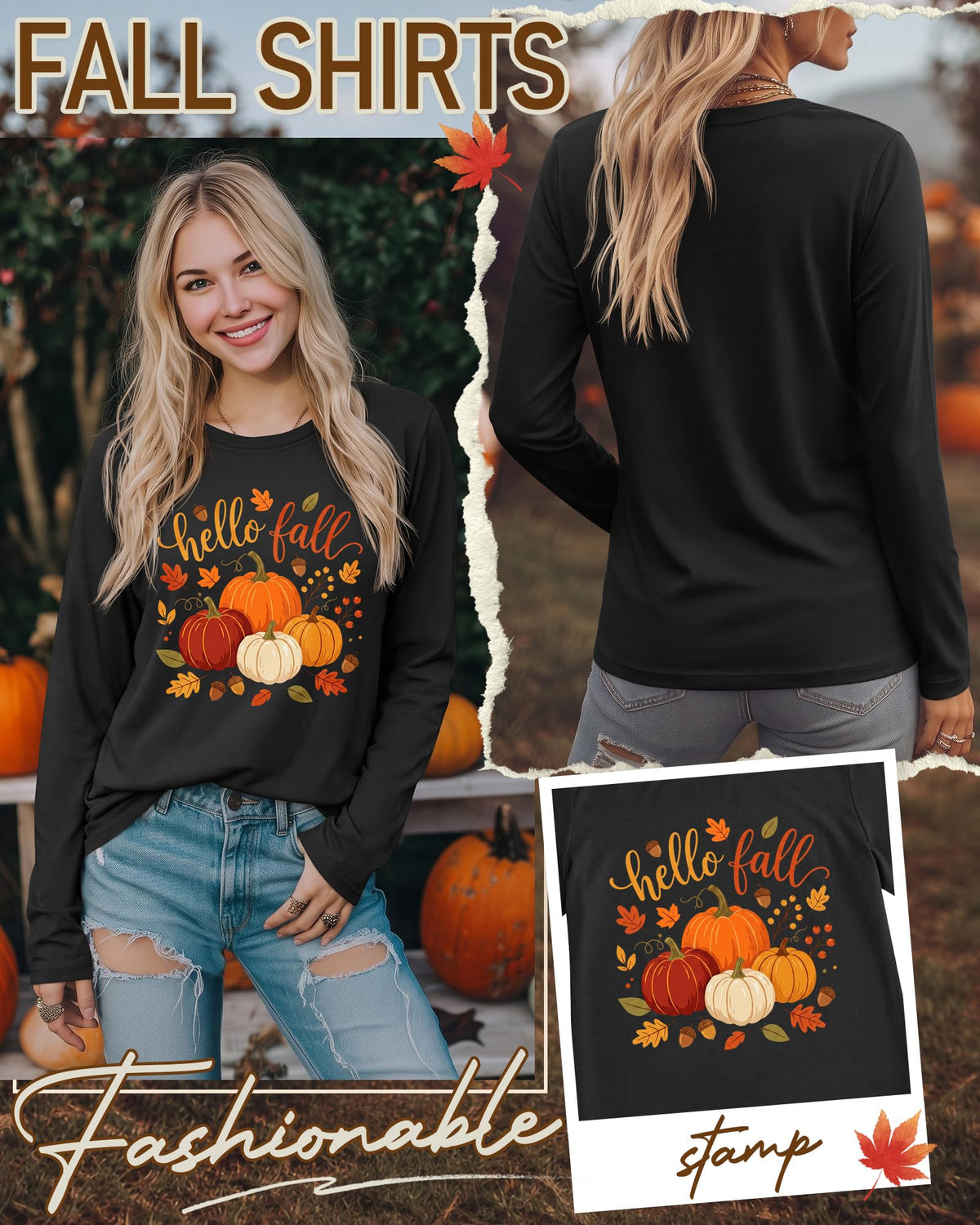 Huukeay Fall Shirts for Women Pumpkin Long Sleeve Tops