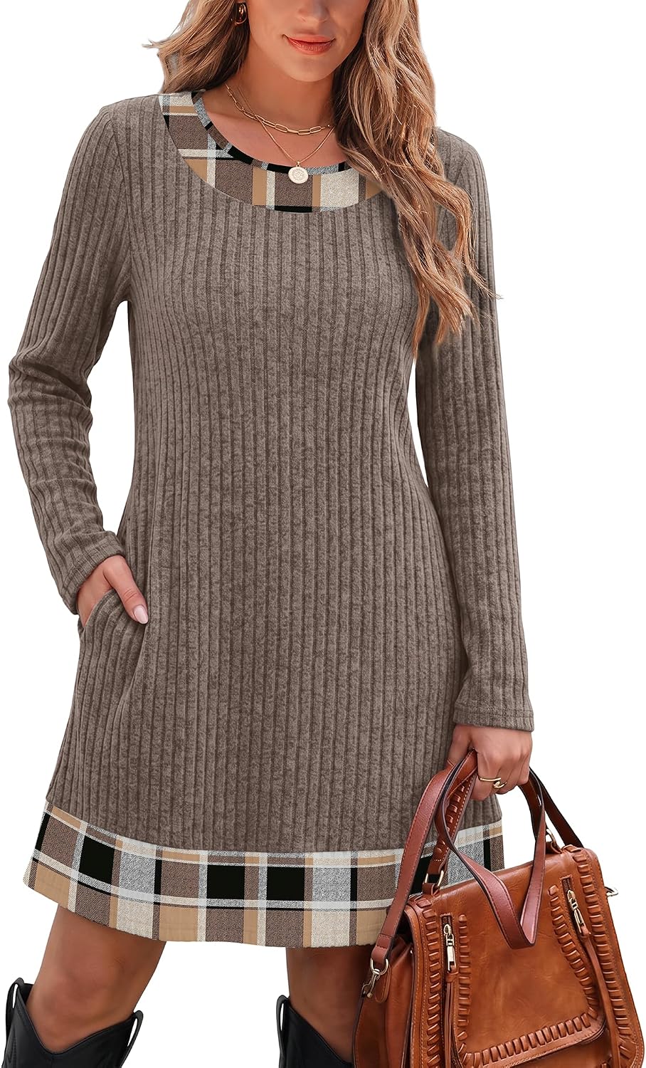 OFEEFAN Fall Dresses for Women 2026 Long Sleeve Sweater Dress Color Block