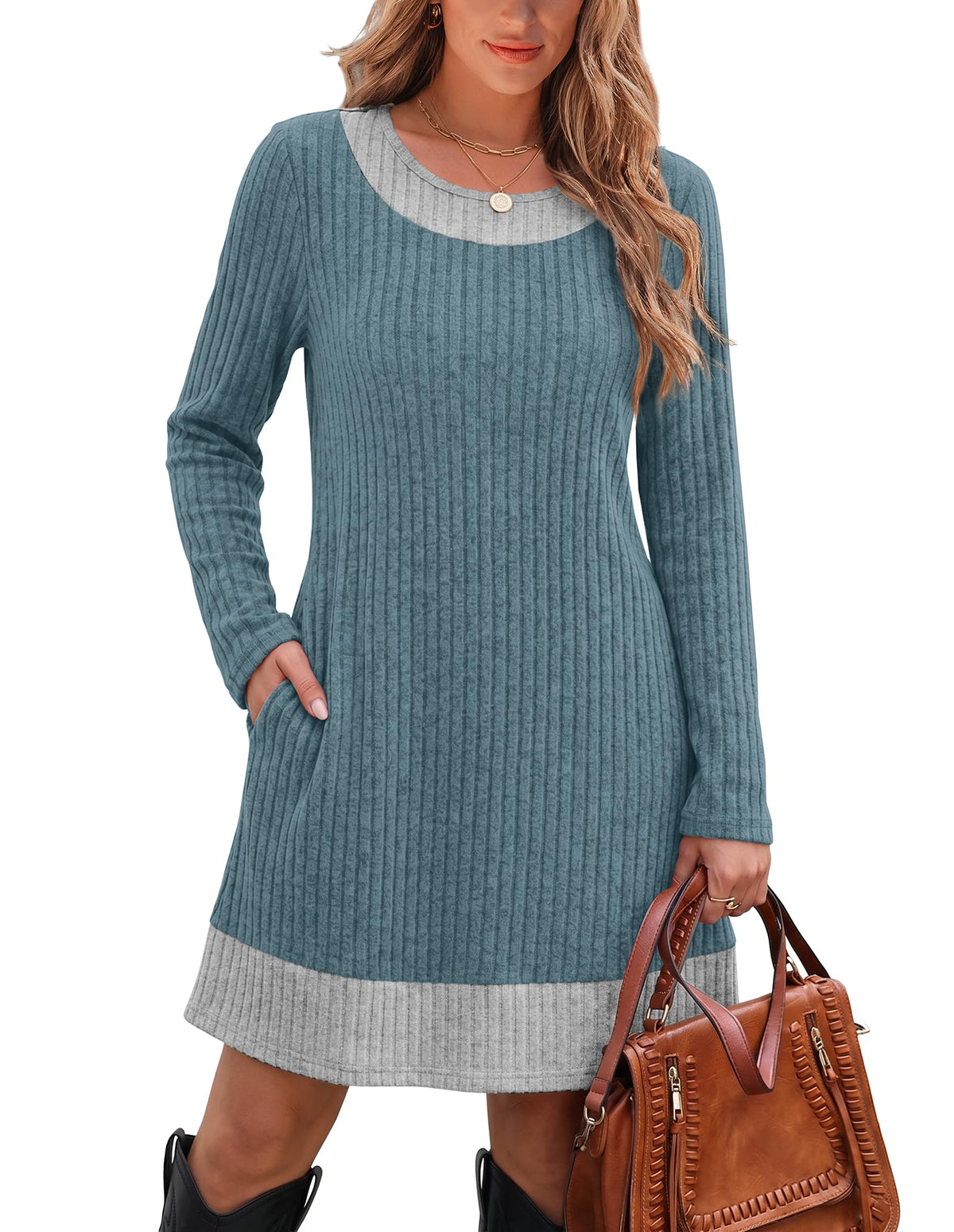 OFEEFAN Fall Dresses for Women 2026 Long Sleeve Sweater Dress Color Block