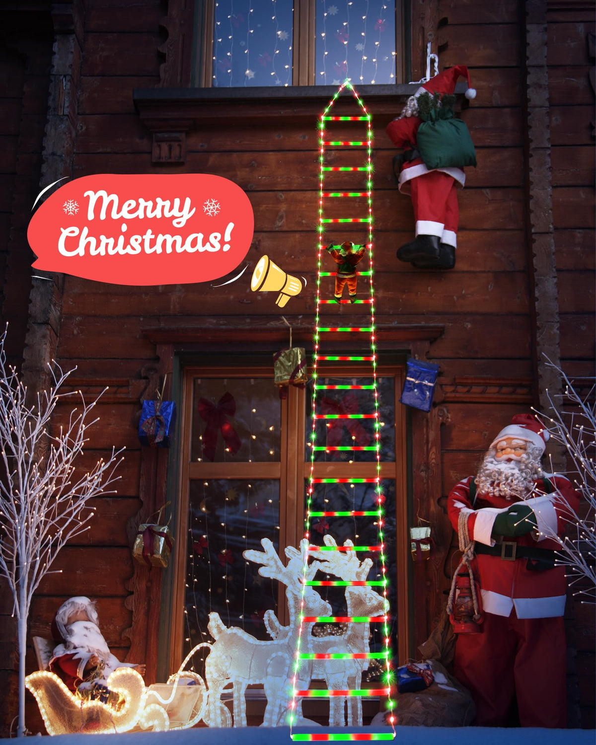 Toodour LED Christmas Lights - 10ft Christmas Decorative Ladder Lights with Santa Claus, Xmas Decorations Light for Indoor Outdoor, Window, Garden, Home, Wall, Xmas Tree Decor - Warm White