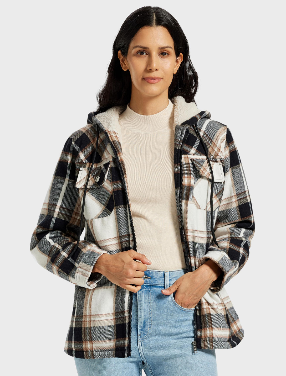 MoFiz Women Fleece Zip Up Hoodie Flannel Plaid Jacket With Pocket