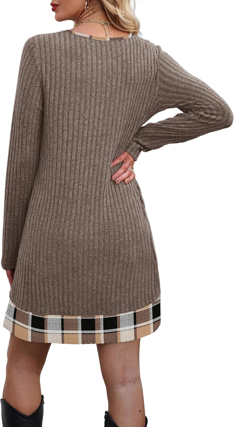 OFEEFAN Fall Dresses for Women 2026 Long Sleeve Sweater Dress Color Block
