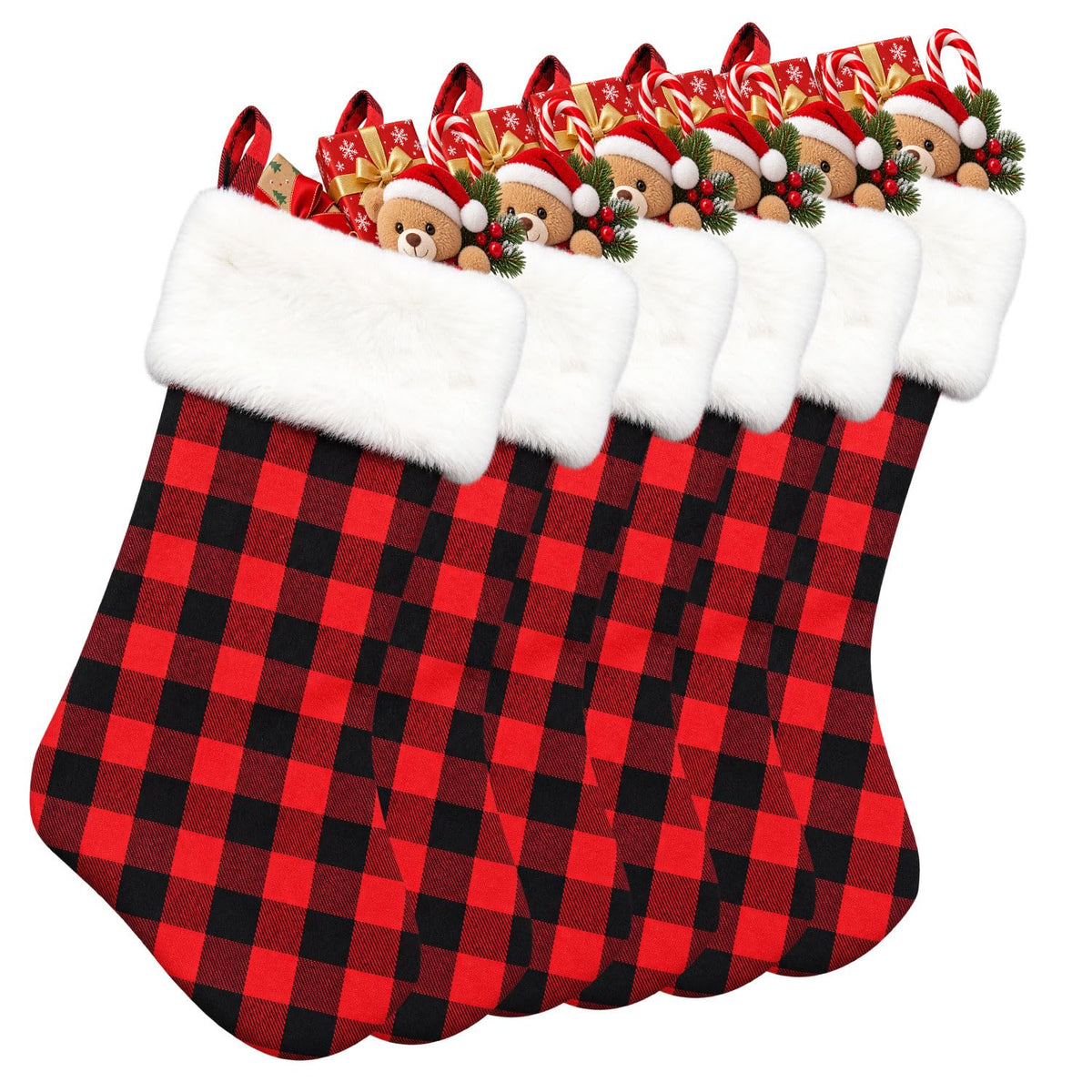 6 Pack Christmas Stockings18 Large Red Plush Christmas Stockings with White Faux Fur Cuff, Soft Thick Xmas Hanging Stockings for Fireplace Mantel, Family Holiday Decorations
