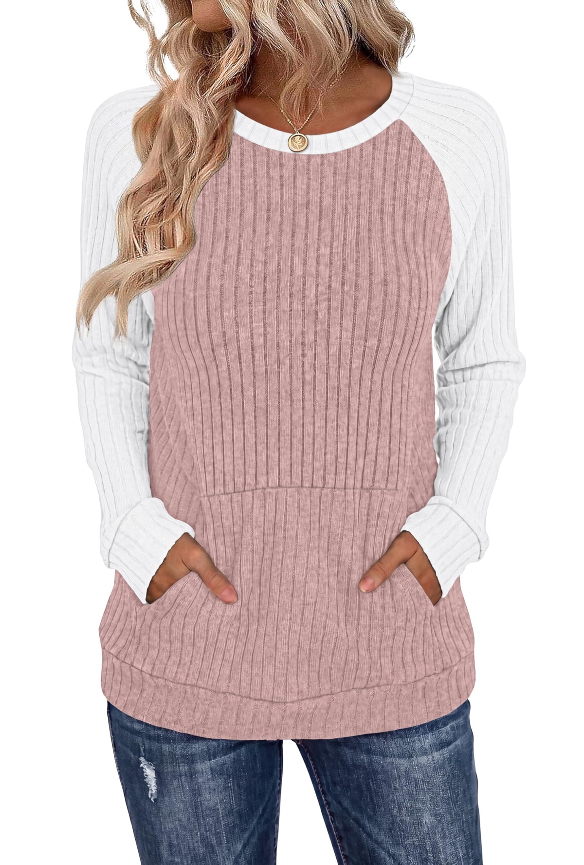 OFEEFAN Womens Fall Fashion 2026 Long Sleeve Tops Oversized Sweaters Winter Clothing with Pocket Color Block Tunics