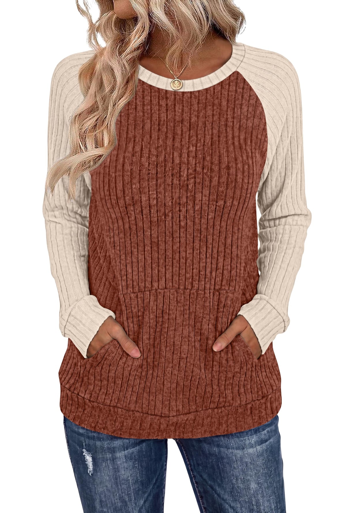OFEEFAN Womens Fall Fashion 2026 Long Sleeve Tops Oversized Sweaters Winter Clothing with Pocket Color Block Tunics