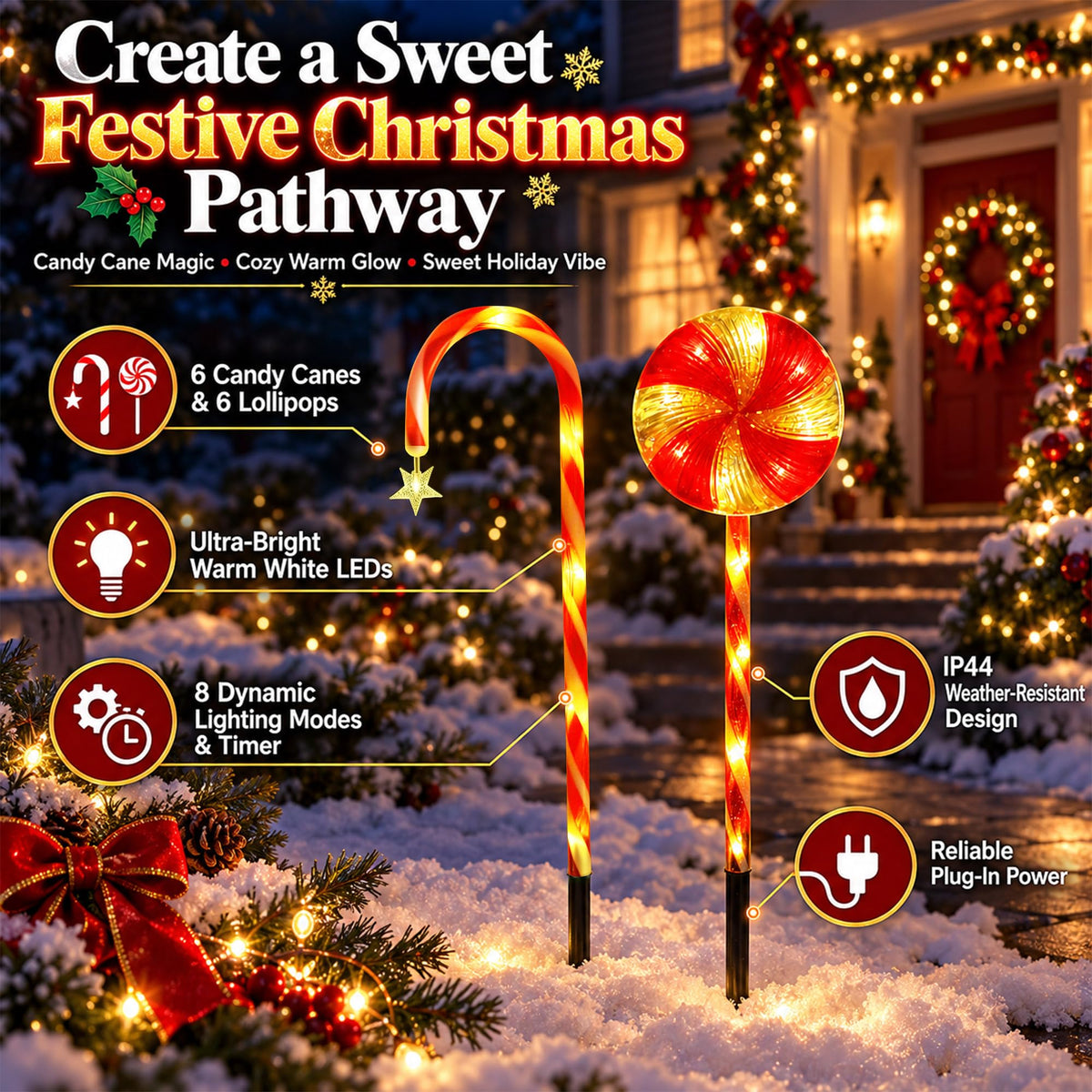 12 Pack 108 LEDs Candy Cane Pathway Lights w/ 8-Mode Lighting
