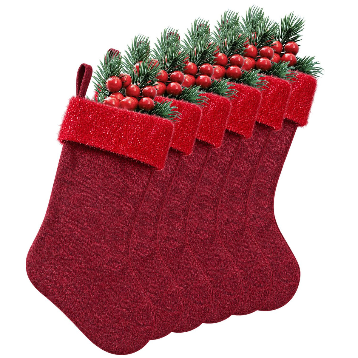 6 Pack Christmas Stockings18 Large Red Plush Christmas Stockings with White Faux Fur Cuff, Soft Thick Xmas Hanging Stockings for Fireplace Mantel, Family Holiday Decorations