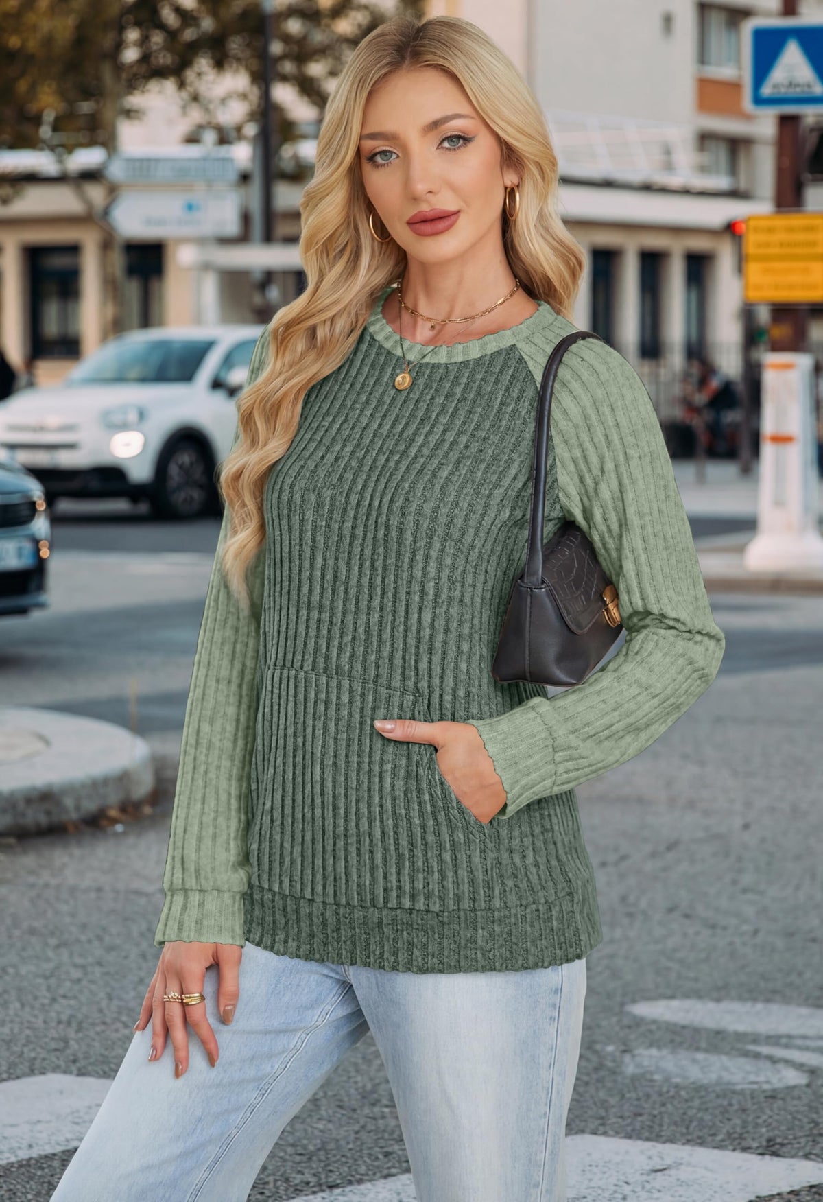 OFEEFAN Womens Fall Fashion 2026 Long Sleeve Tops Oversized Sweaters Winter Clothing with Pocket Color Block Tunics