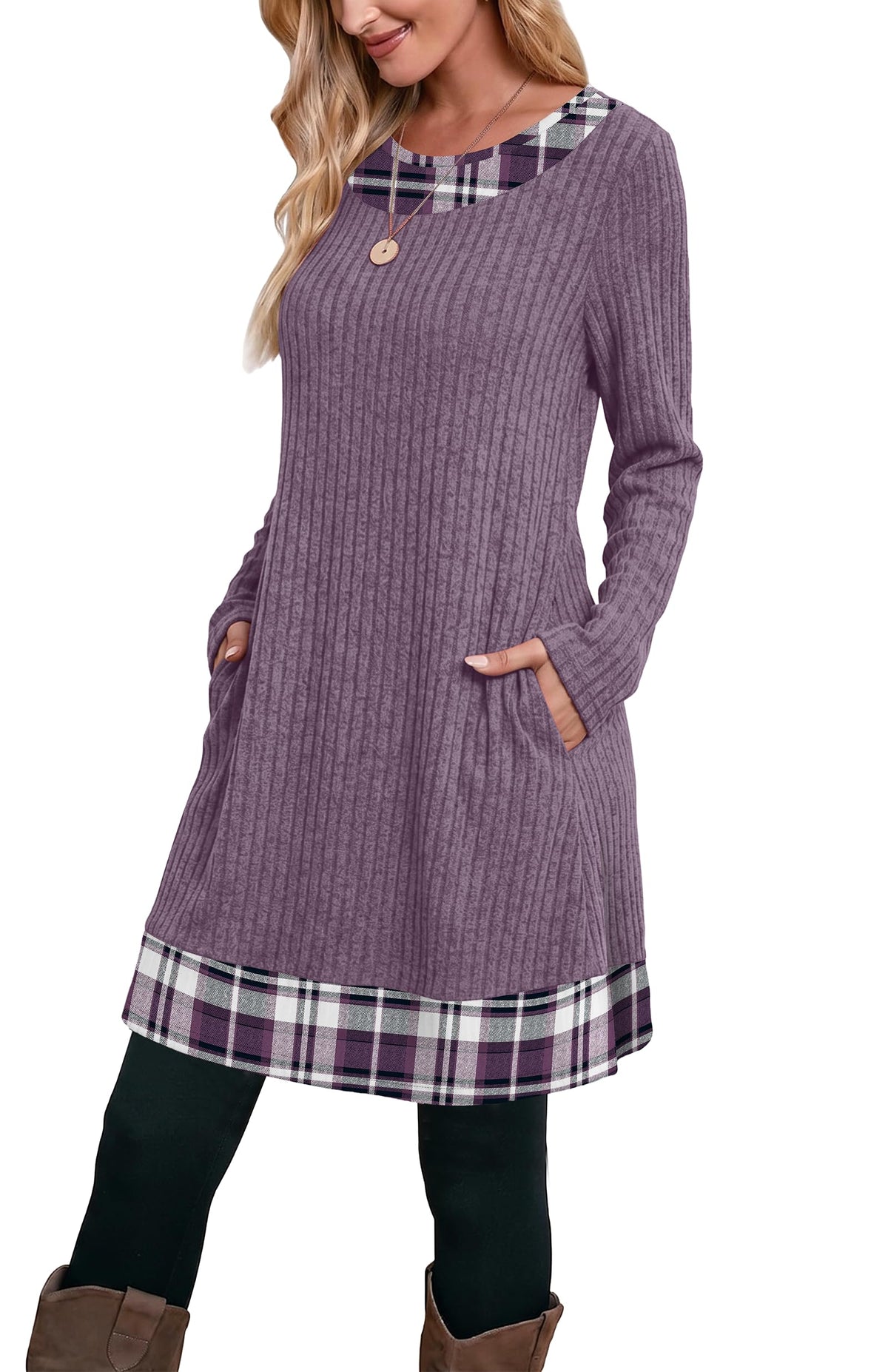 OFEEFAN Fall Dresses for Women 2026 Long Sleeve Sweater Dress Color Block